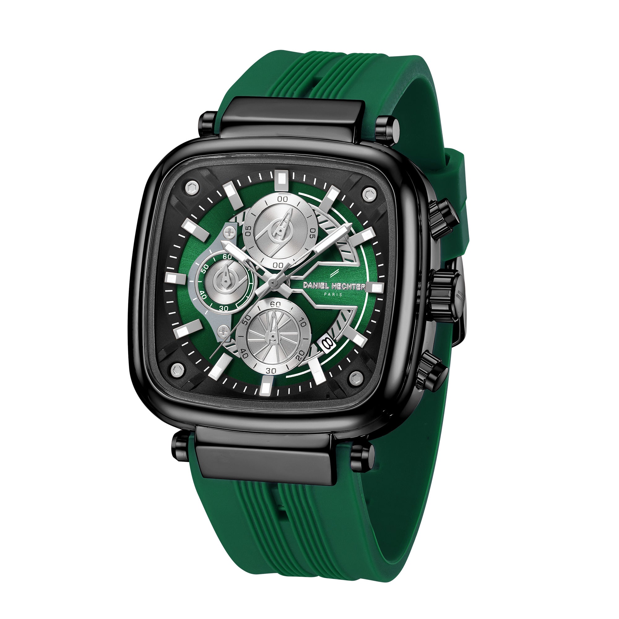Daniel Hechter Paris Chronograph Analog Quartz Watch for Men with Black/Green Square Dial, Luminous Hands & Baton Hour Markers and Green Silicone Strap - DHM1055-03