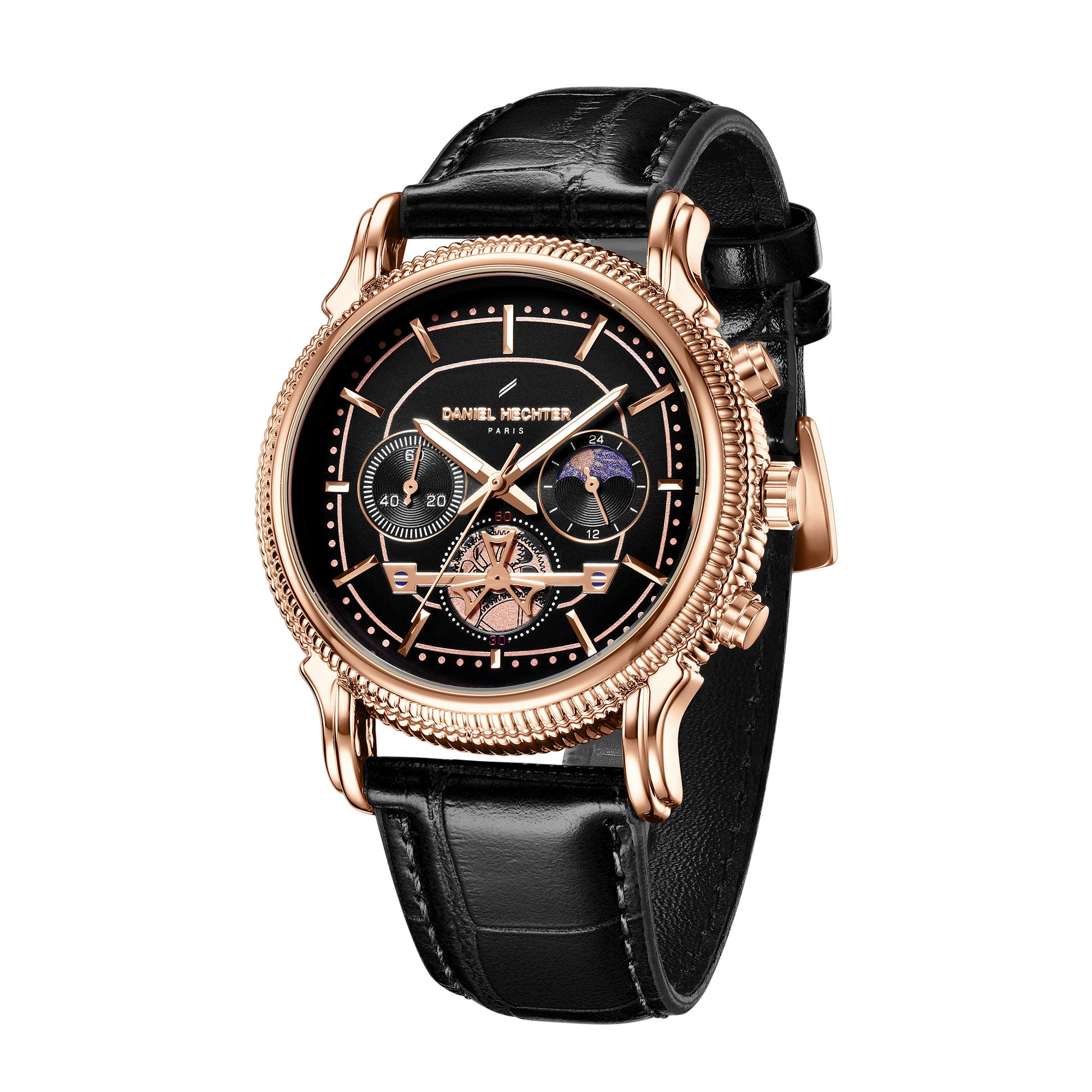 Daniel Hechter Paris Analog Quartz Watch for Men with Black Round Dial, Day/Night Indicator, Small Seconds Sub-Dials and Black Leather Strap - DHM1054-01