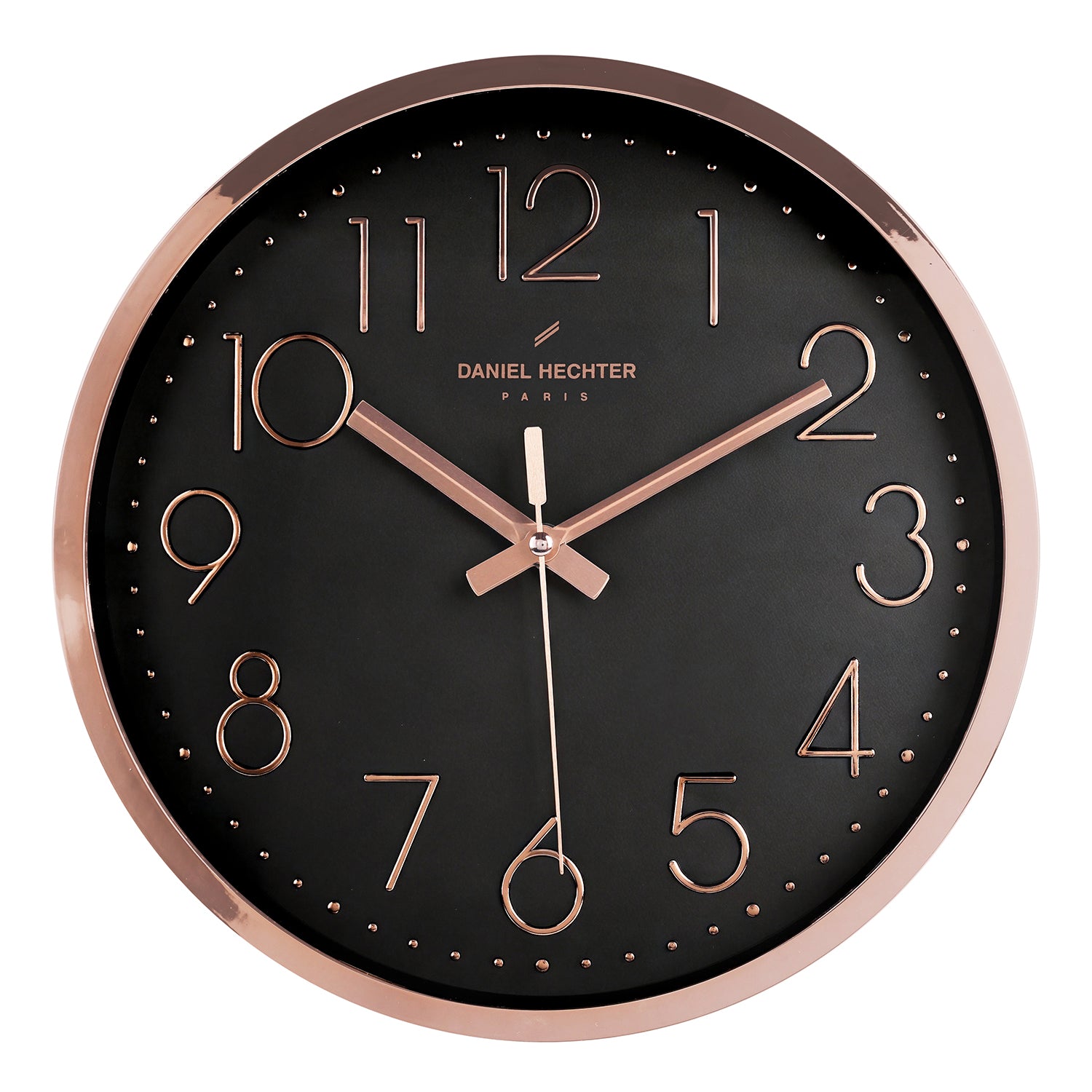 Daniel Hechter Paris Wall Clock, Silent Sweep Non-Ticking Quartz Movement, Black Dial, Rose Gold Plastic Frame, 3D Numerals, Modern Decorative Clock for Home & Office - DHCL1001-01