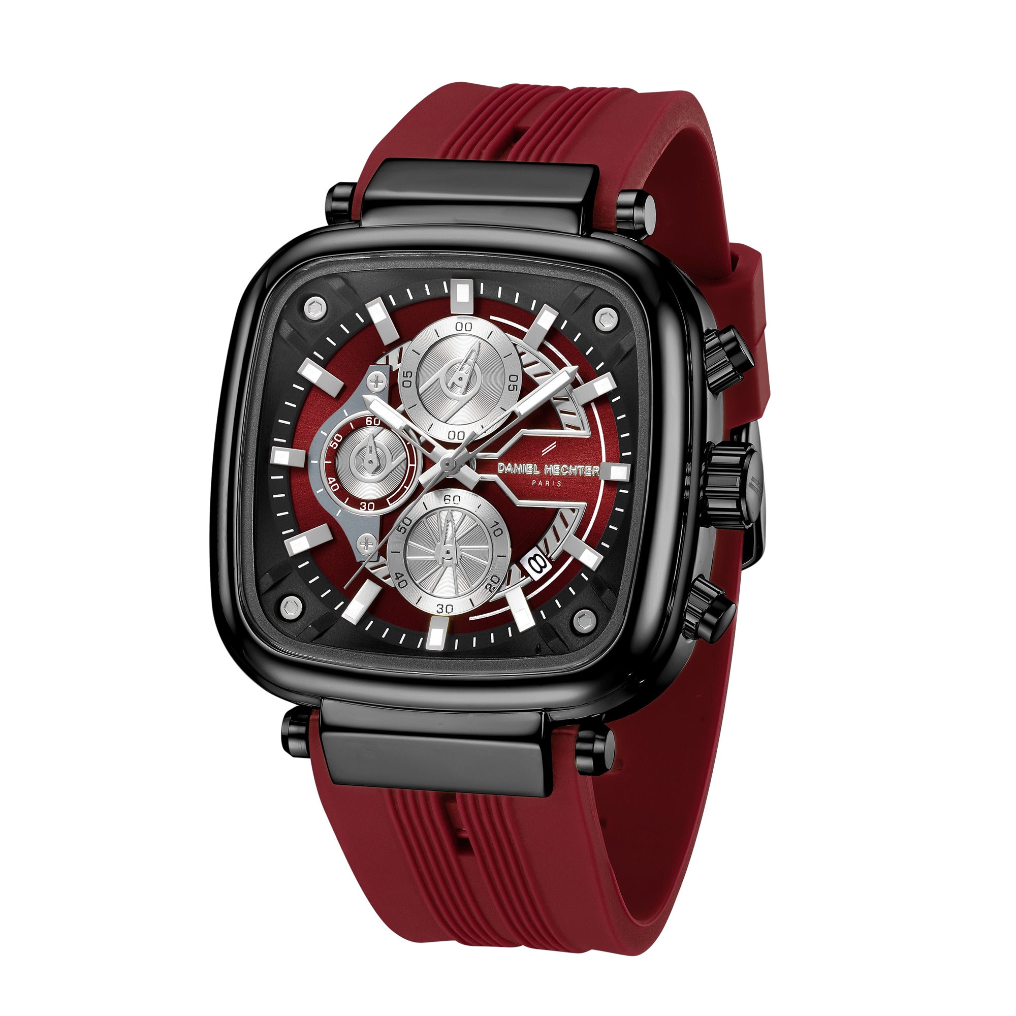 Daniel Hechter Paris Chronograph Analog Quartz Watch for Men with Black/Red Square Dial, Luminous Hands & Baton Hour Markers and Red Silicone Strap - DHM1055-04