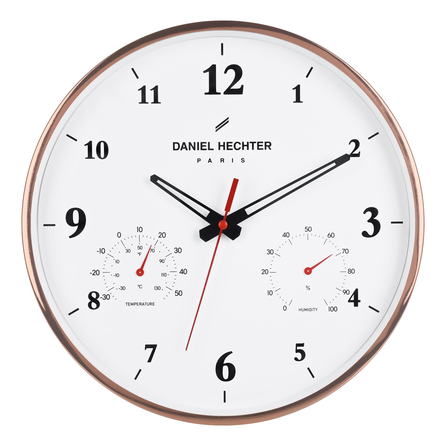 Daniel Hechter Paris Wall Clock, Silent Sweep Non-Ticking Quartz Movement, Temperature & Humidity Display, White Dial, Metal Frame - DHCL1002-22