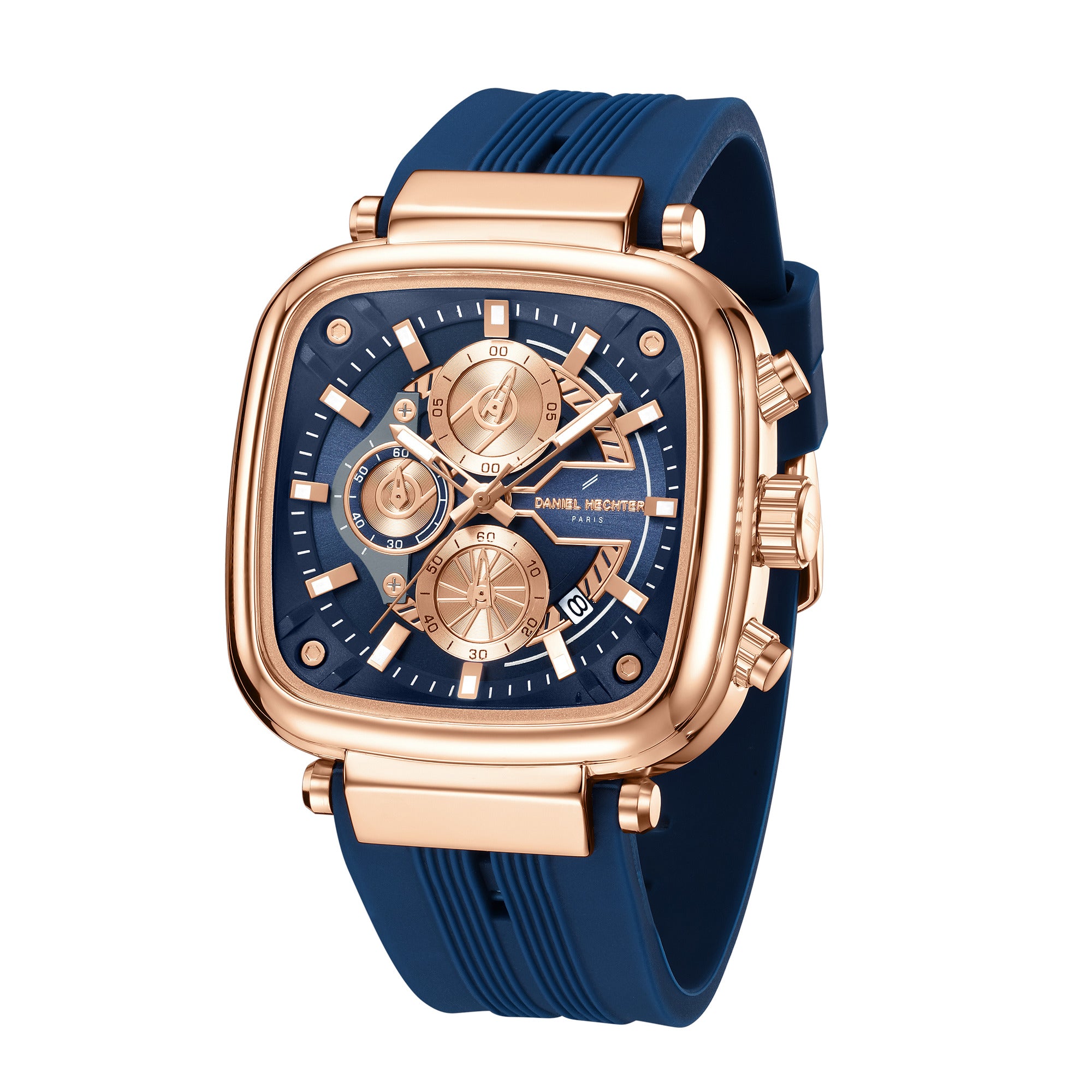 Daniel Hechter Paris Chronograph Analog Quartz Watch for Men with Blue/RoseGold Square Dial, Luminous Hands & Baton Hour Markers and Blue Silicone Strap - DHM1055-05