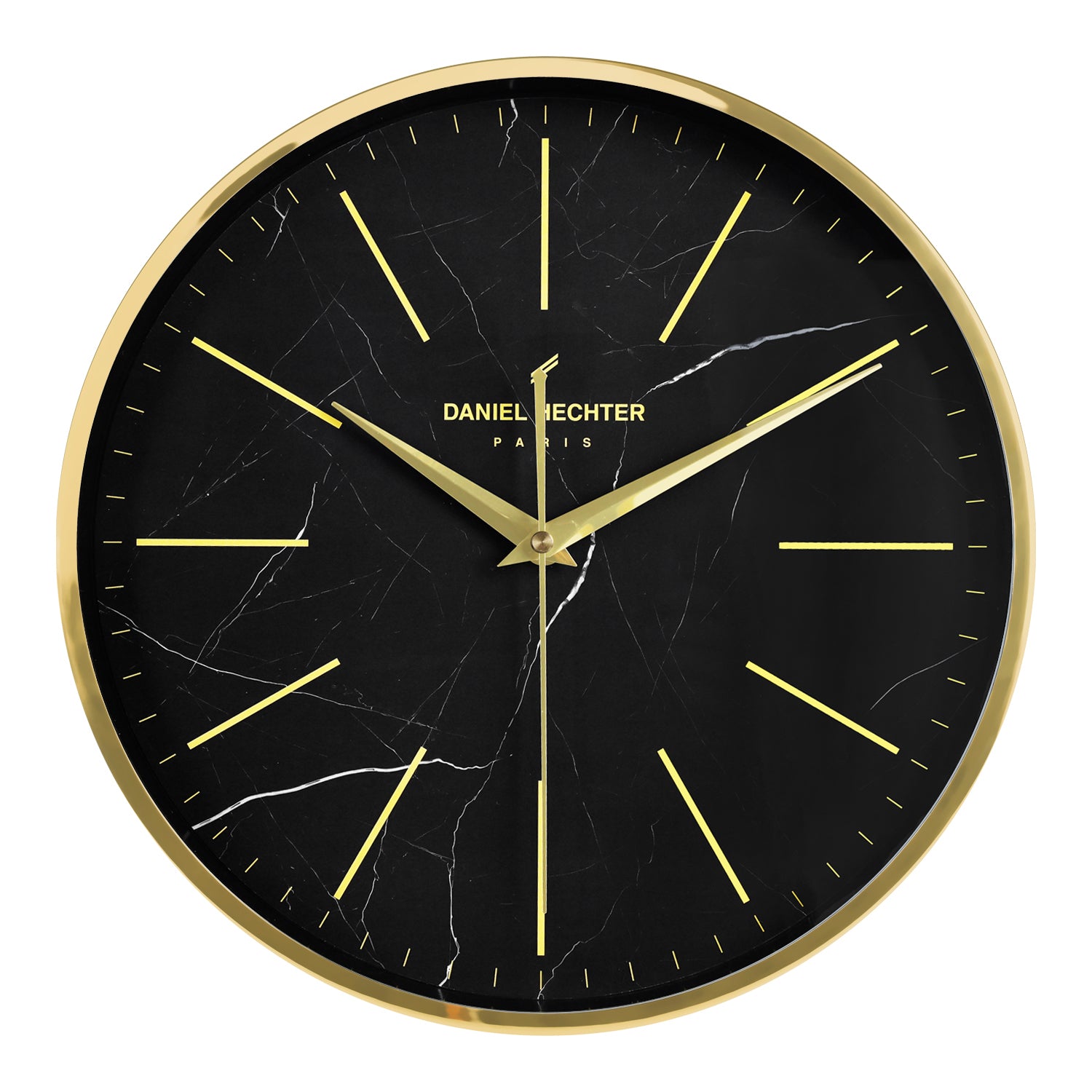 Daniel Hechter Paris Wall Clock, Silent Sweep Non-Ticking Quartz Movement, Black Marble Dial, Gold Metal Frame, Metal Hands - DHCL1001-11