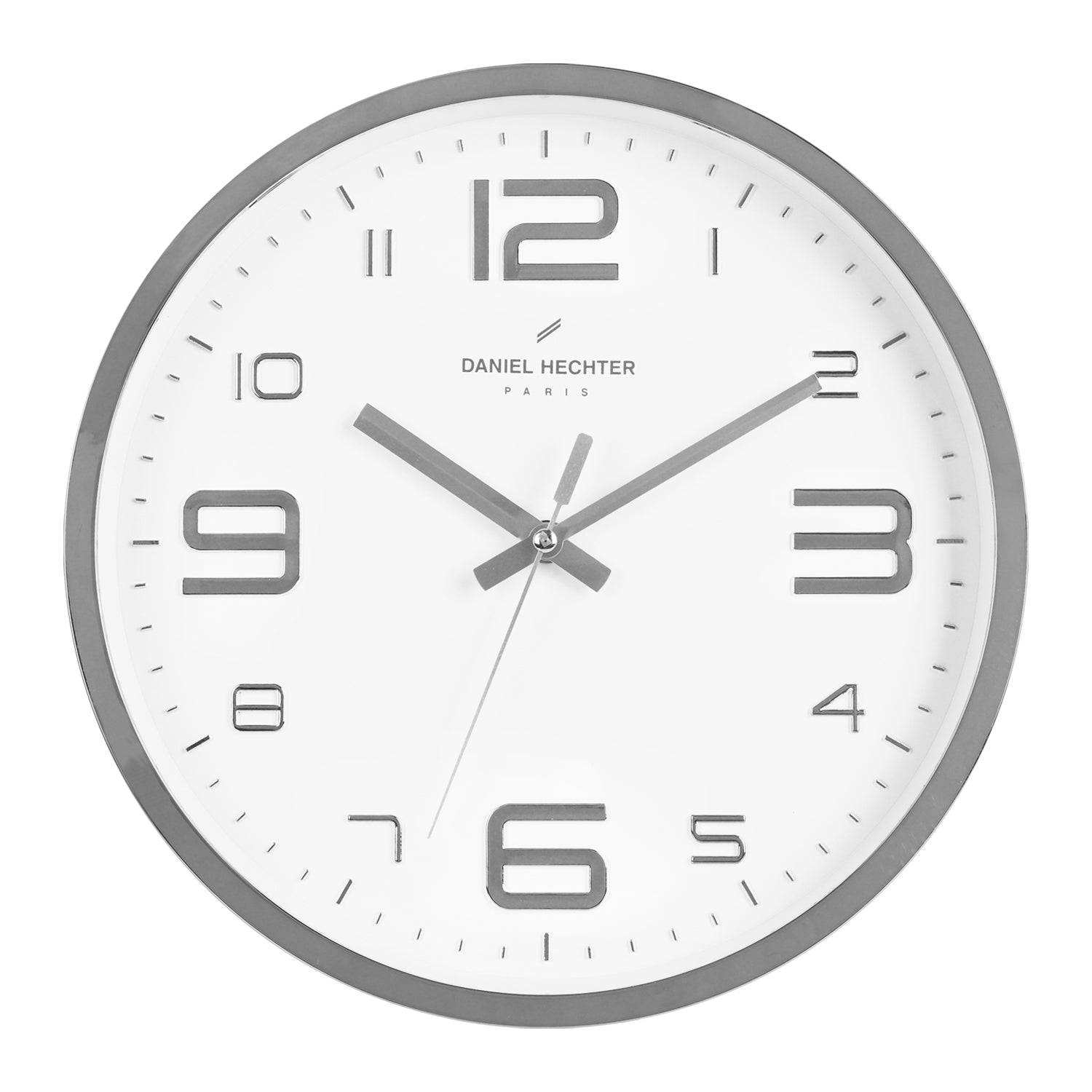 Daniel Hechter Paris Wall Clock, Silent Sweep Non-Ticking Quartz Movement, White Dial, Silver Plastic Frame, 3D Numerals - DHCL1002-03