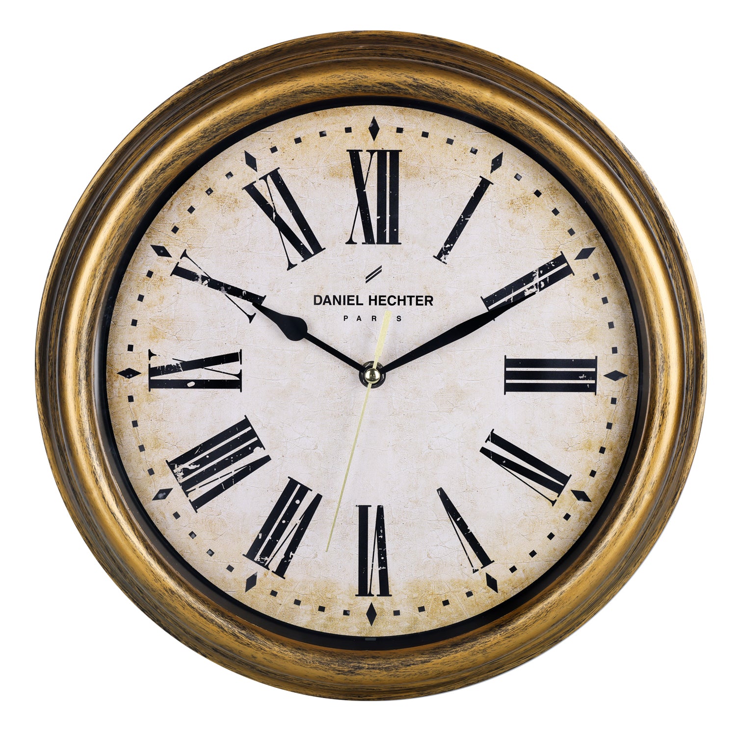 Daniel Hechter Paris Wall Clock, Silent Sweep Non-Ticking Quartz Movement, Vintage Dial, Gold Retro Plastic Frame - DHCL1005-02