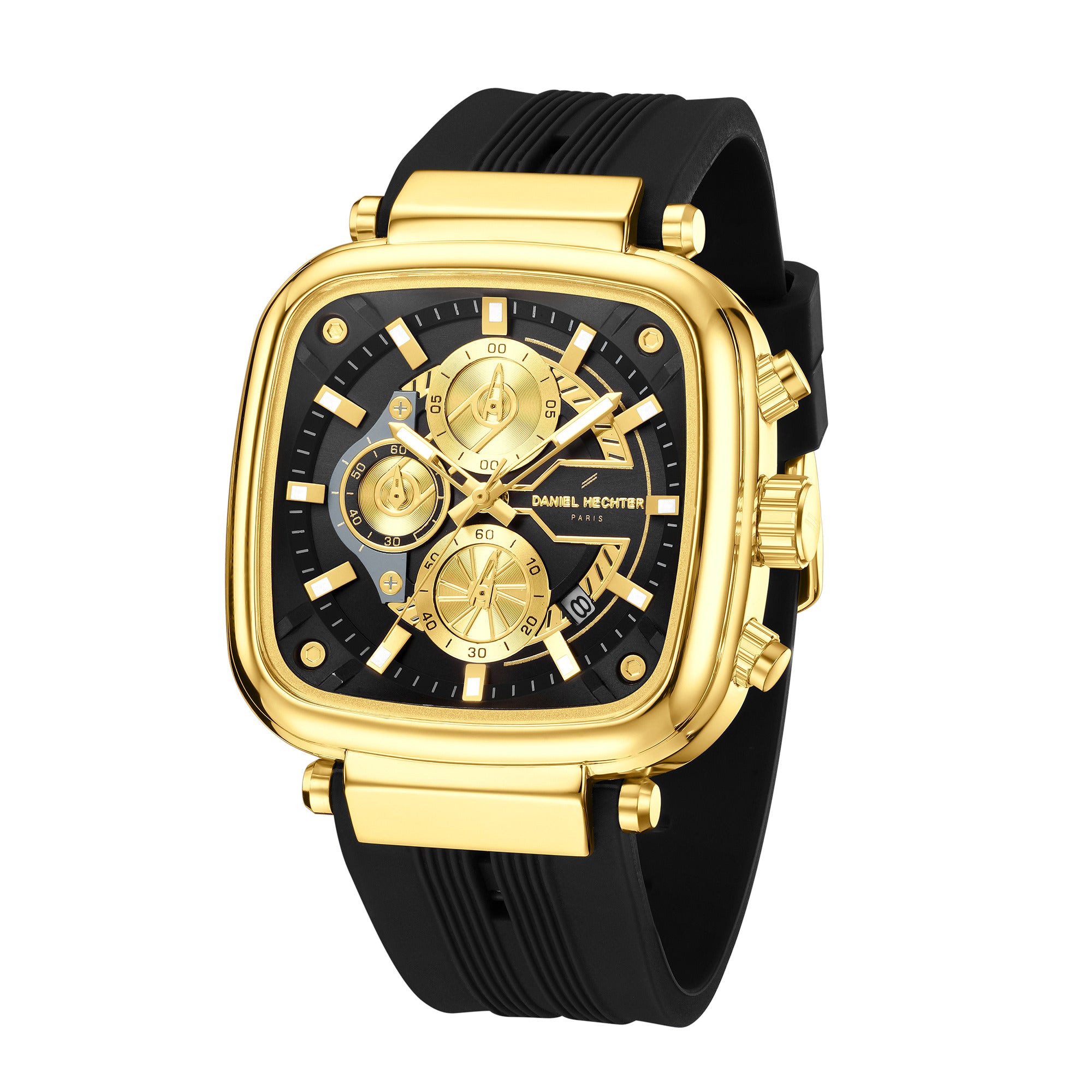 Daniel Hechter Paris Chronograph Analog Quartz Watch for Men with Black/Gold Square Dial, Luminous Hands & Baton Hour Markers and Black Silicone Strap - DHM1055-01