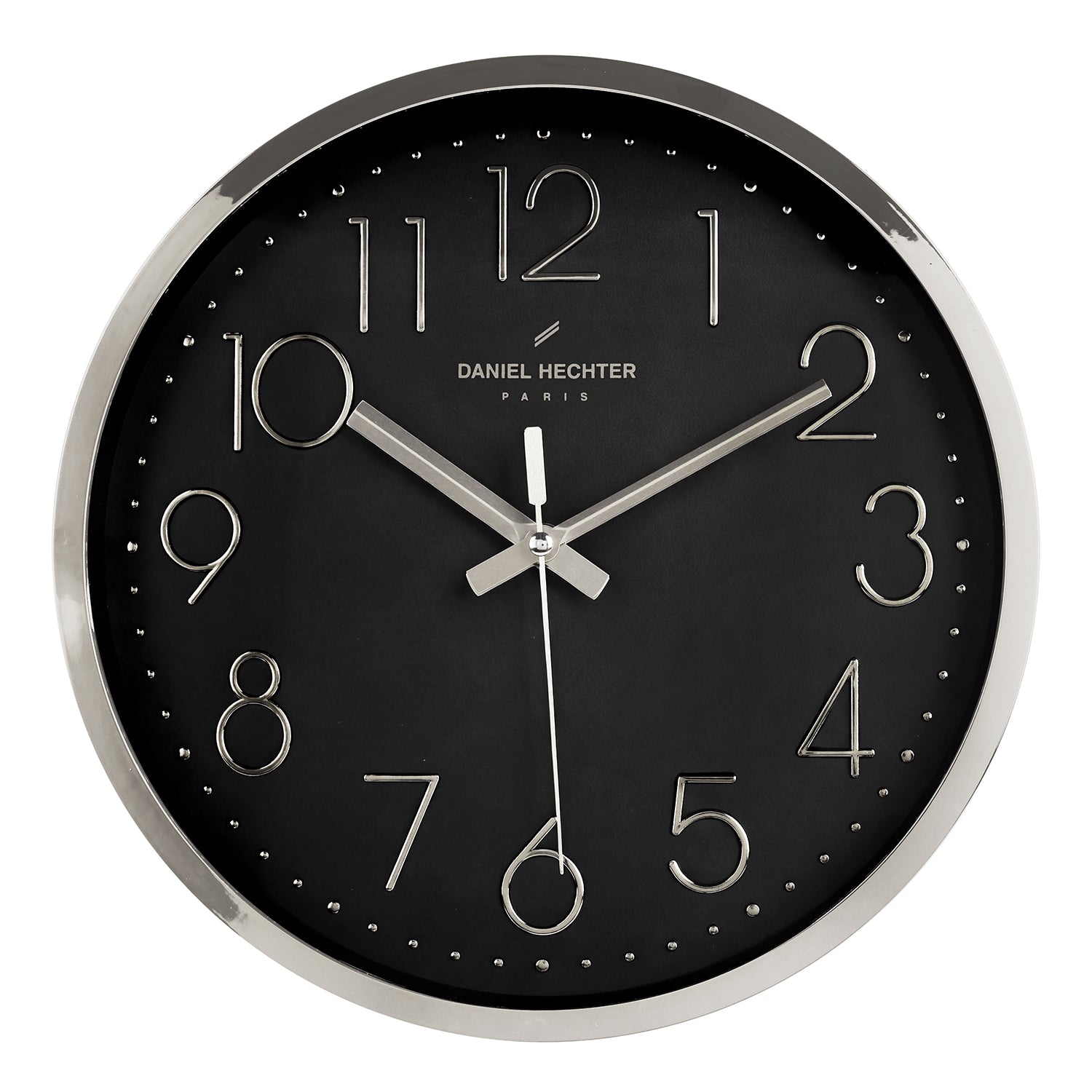 Daniel Hechter Paris Wall Clock, Silent Sweep Non-Ticking Quartz Movement, Black Dial, Silver Plastic Frame, 3D Numerals, Modern Decorative Clock for Home & Office - DHCL1001-03