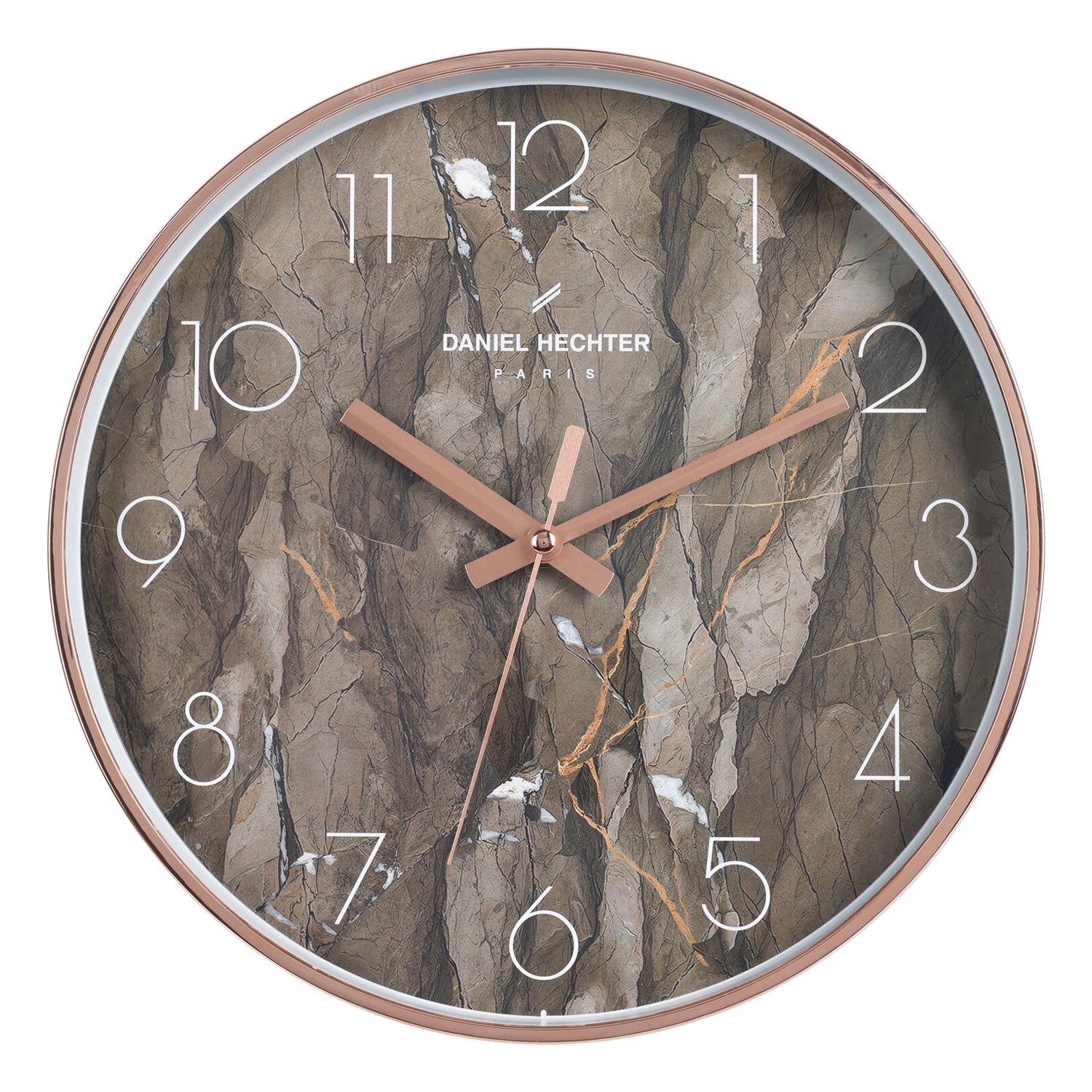 Daniel Hechter Paris Wall Clock, Silent Sweep Non-Ticking Quartz Movement,  Brown Marble Dial, Rose Gold Plastic Frame - DHCL1003-02