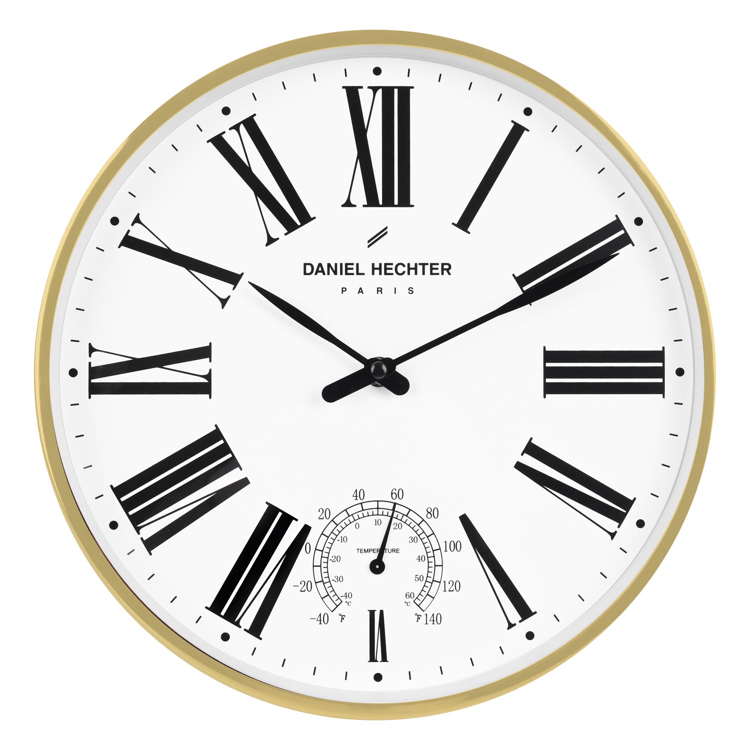 Daniel Hechter Paris Wall Clock, Silent Sweep Non-Ticking Quartz Movement, Temperature Display, White Dial, Gold Metal Frame - DHCL1003-22