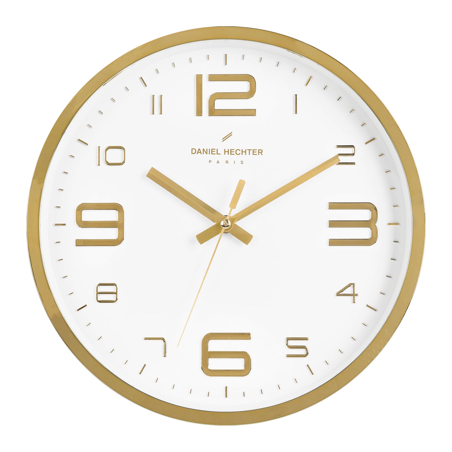 Daniel Hechter Paris Wall Clock, Silent Sweep Non-Ticking Quartz Movement, White Dial, Gold Plastic Frame, 3D Numerals - DHCL1002-02