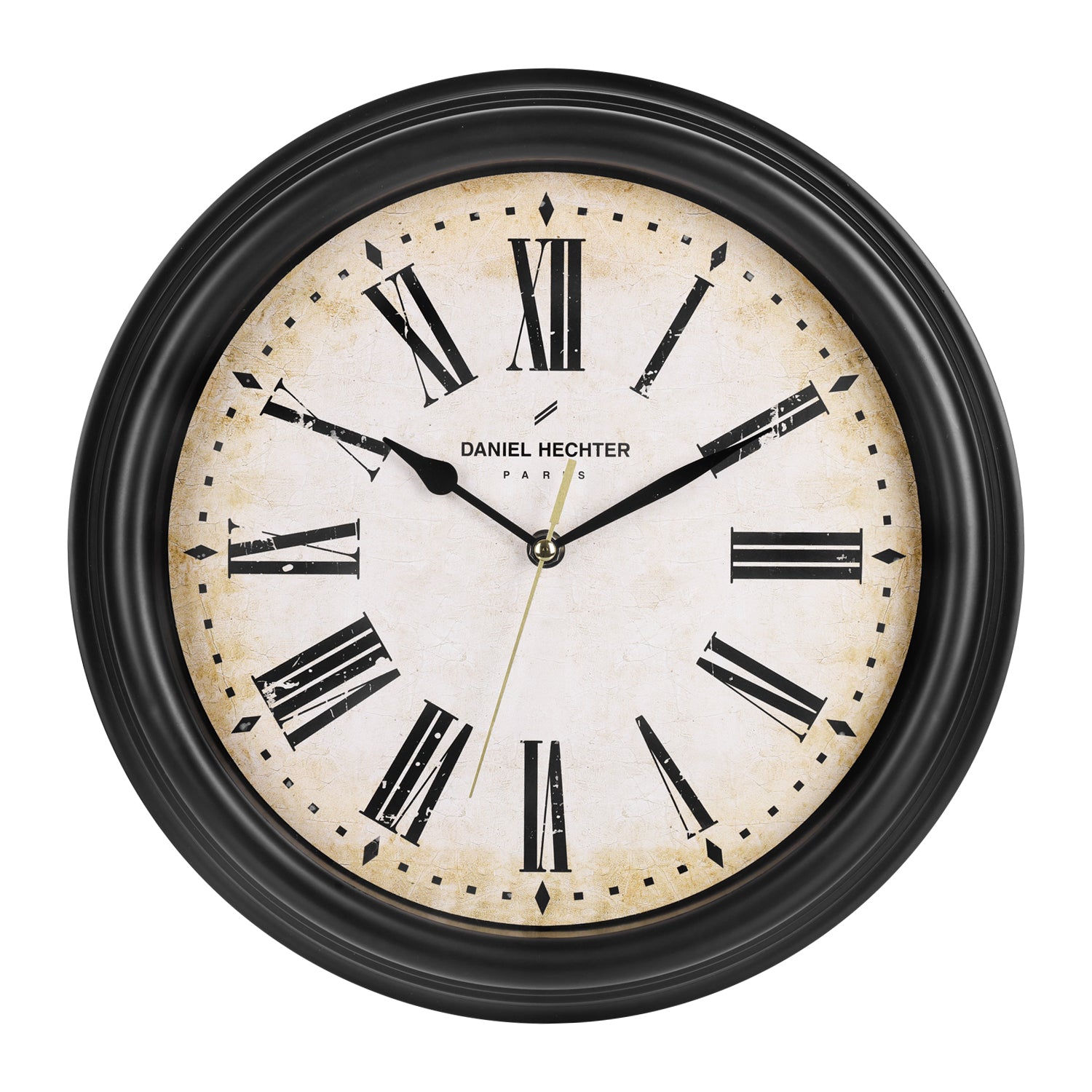 Daniel Hechter Paris Wall Clock, Silent Sweep Non-Ticking Quartz Movement, Vintage Dial, Black Retro Plastic Frame - DHCL1005-01