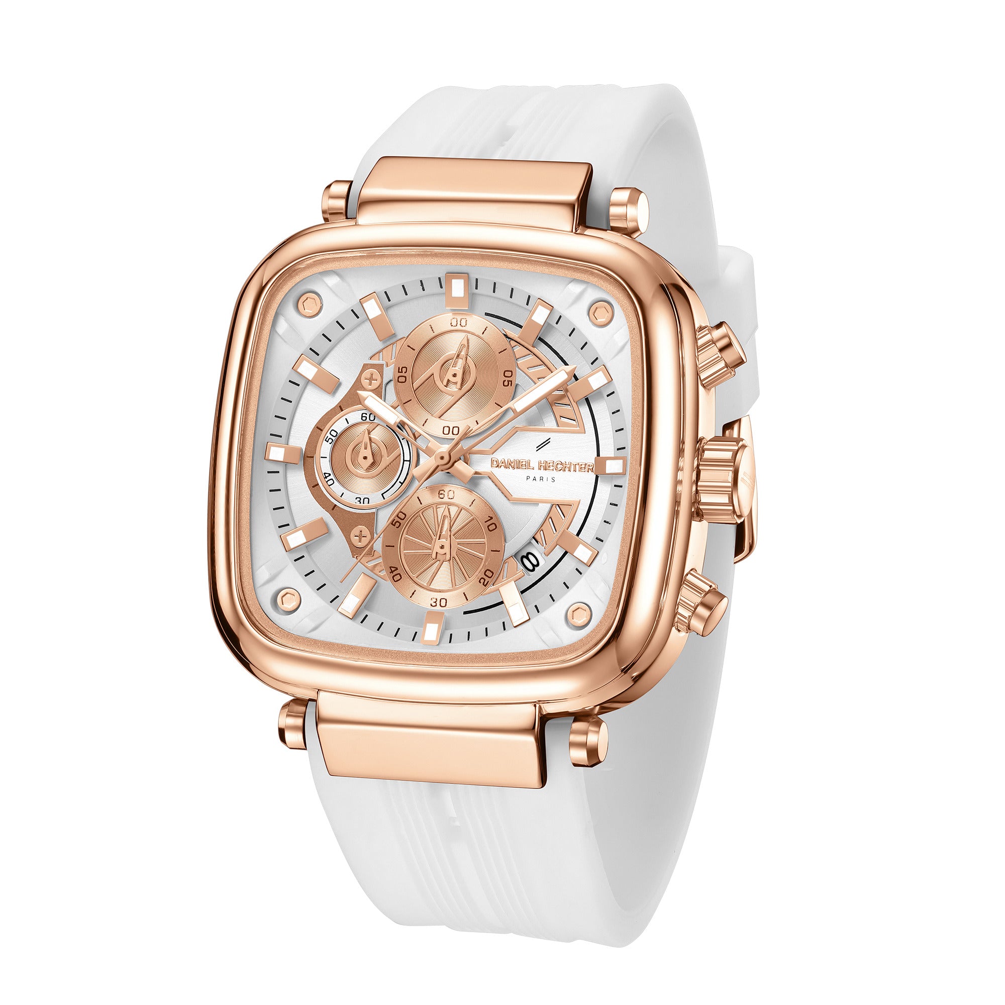Daniel Hechter Paris Chronograph Analog Quartz Watch for Men with White/RoseGold Square Dial, Luminous Hands & Baton Hour Markers and White Silicone Strap - DHM1055-02