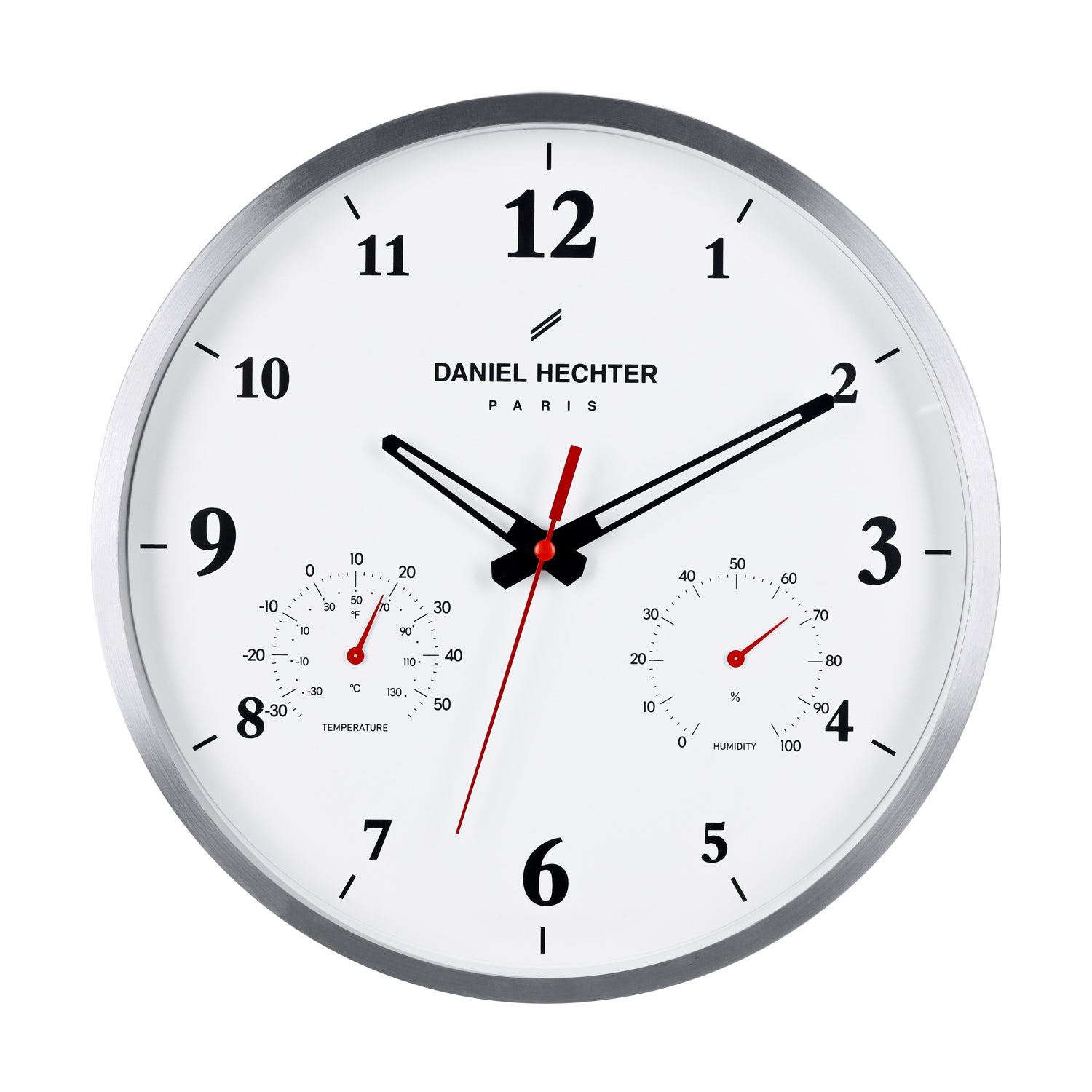 Daniel Hechter Paris Wall Clock, Silent Sweep Non-Ticking Quartz Movement, Temperature & Humidity Display, White Dial, Metal Frame - DHCL1002-33