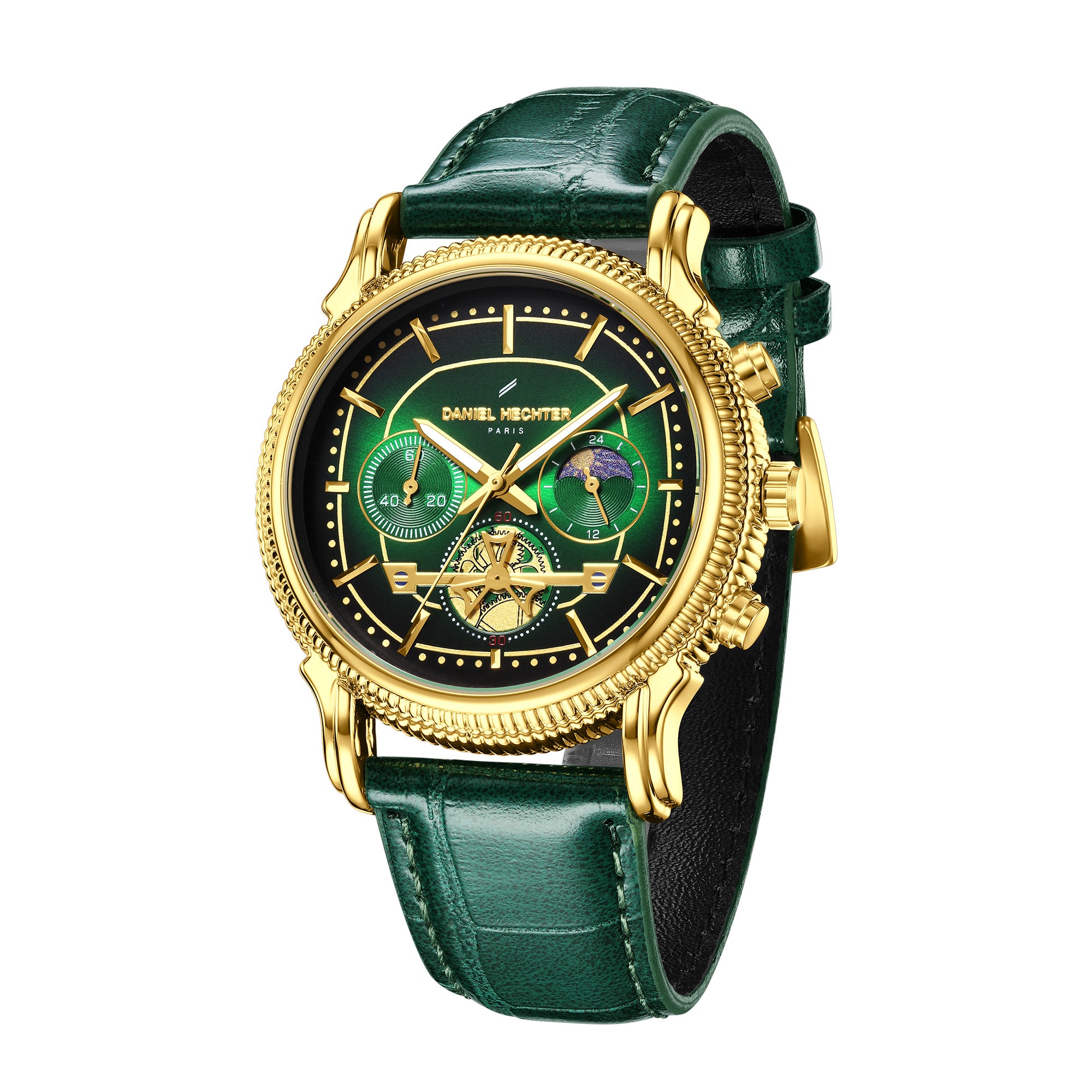 Daniel Hechter Paris Analog Quartz Watch for Men with Green Round Dial, Day/Night Indicator, Small Seconds Sub-Dials and Green Leather Strap - DHM1054-03
