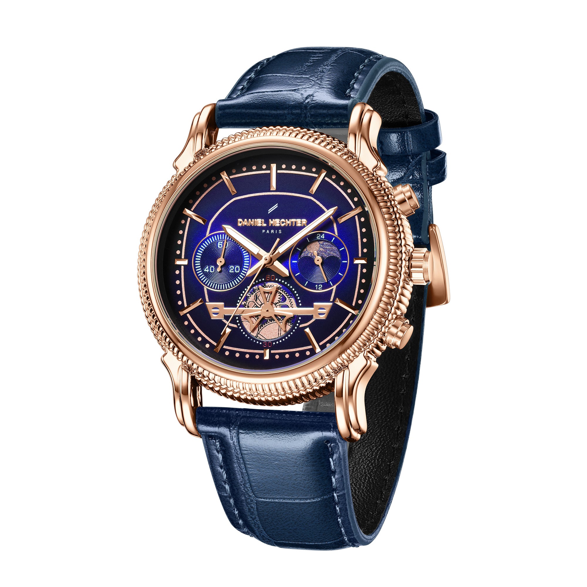 Daniel Hechter Paris Analog Quartz Watch for Men with Blue Round Dial, Day/Night Indicator, Small Seconds Sub-Dials and Blue Leather Strap - DHM1054-02