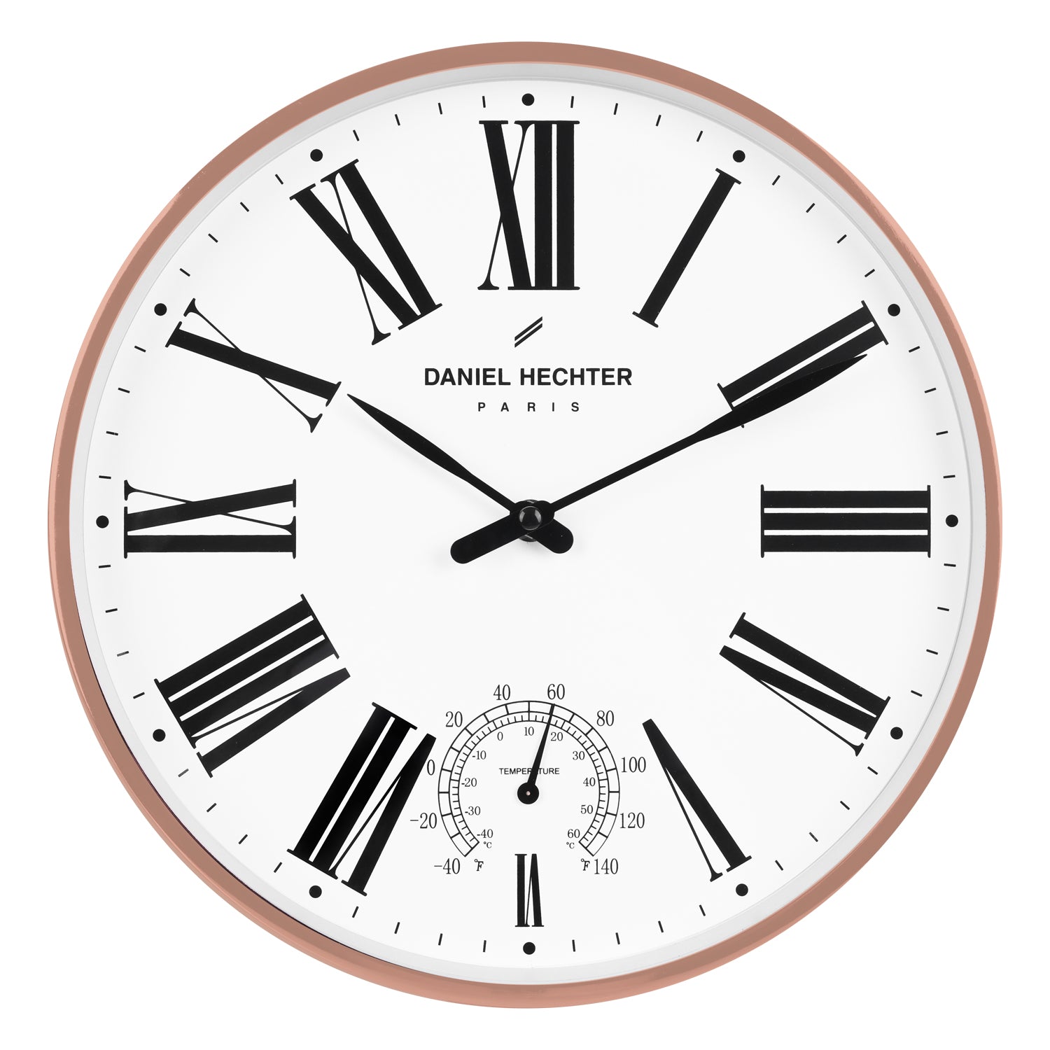 Daniel Hechter Paris Wall Clock, Silent Sweep Non-Ticking Quartz Movement, Temperature Display, White Dial, Rose Gold Metal Frame - DHCL1003-11