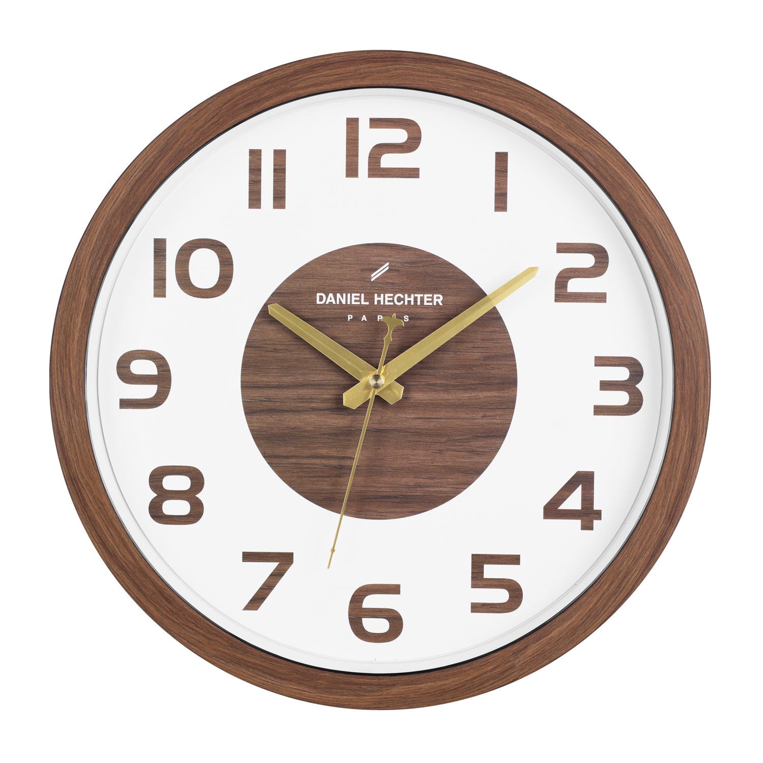 Daniel Hechter Paris Wall Clock, Silent Sweep Non-Ticking Quartz Movement, White Dial, Brown Wood-Grain Plastic Frame - DHCL1004-01