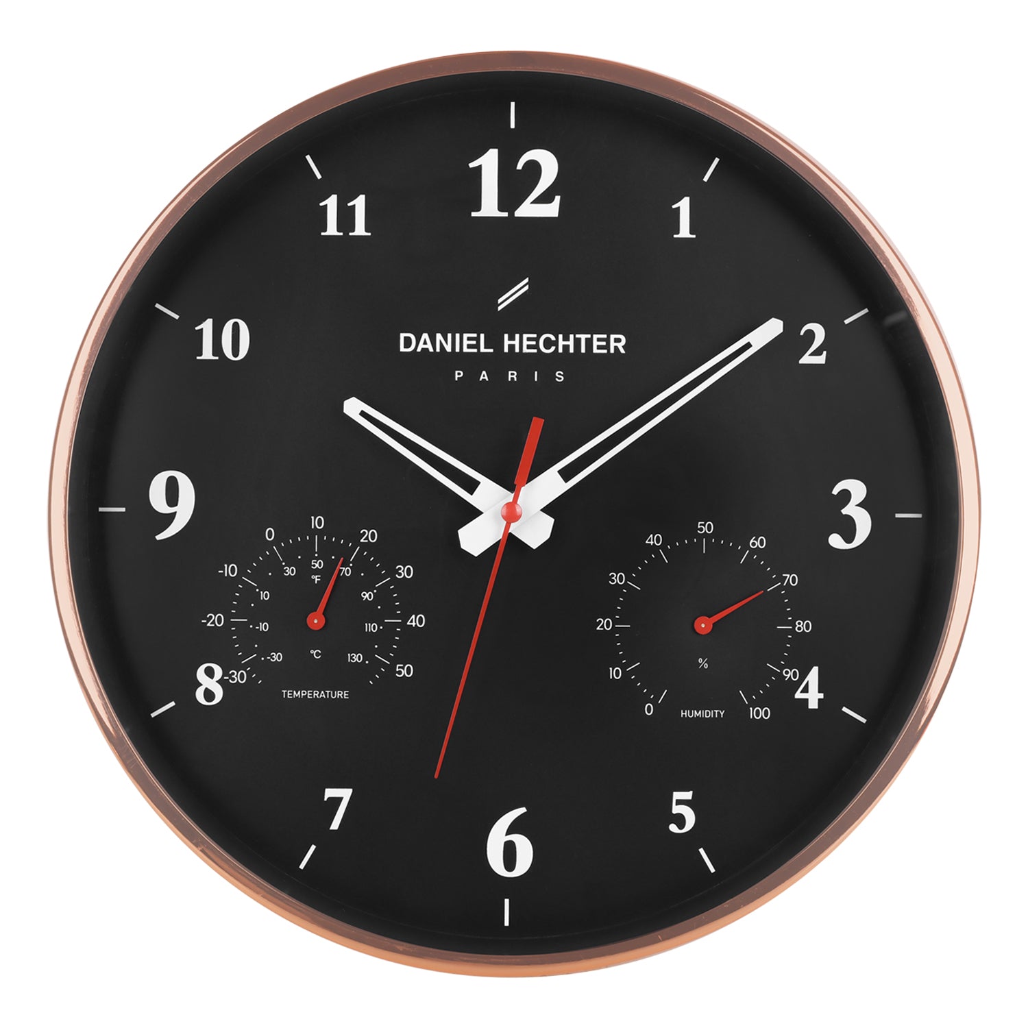 Daniel Hechter Paris Wall Clock, Silent Sweep Non-Ticking Quartz Movement, Temperature & Humidity Display, Black Dial, Metal Frame - DHCL1002-11
