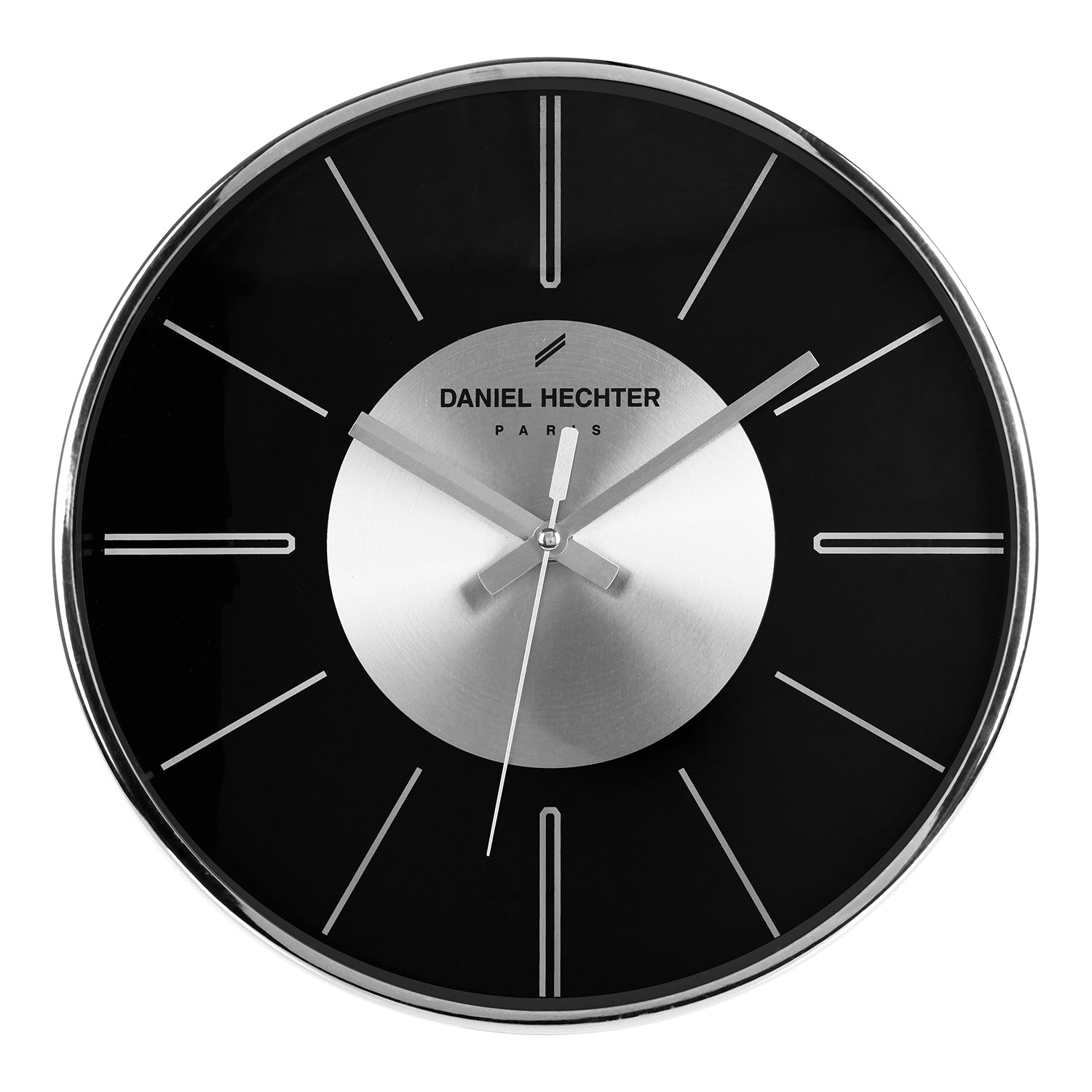 Daniel Hechter Paris Wall Clock, Silent Sweep Non-Ticking Quartz Movement, Black Dial, Silver Aluminum Face & Metal Frame - DHCL1004-33