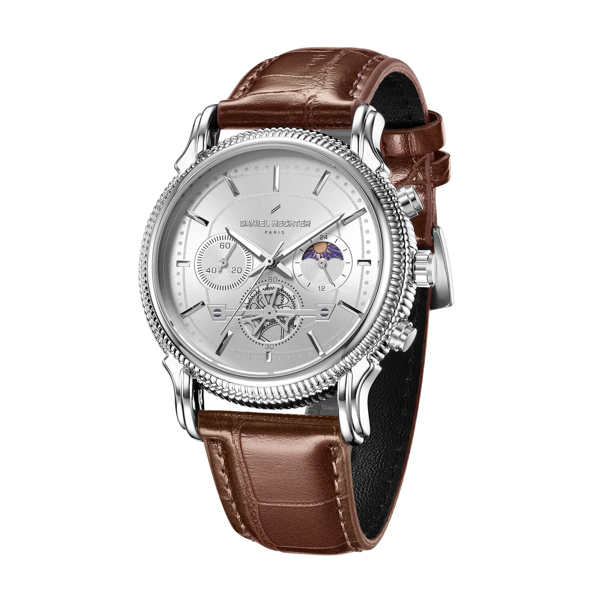 Daniel Hechter Paris Analog Quartz Watch for Men with Silver Round Dial, Day/Night Indicator, Small Seconds Sub-Dials and Brown Leather Strap - DHM1054-04
