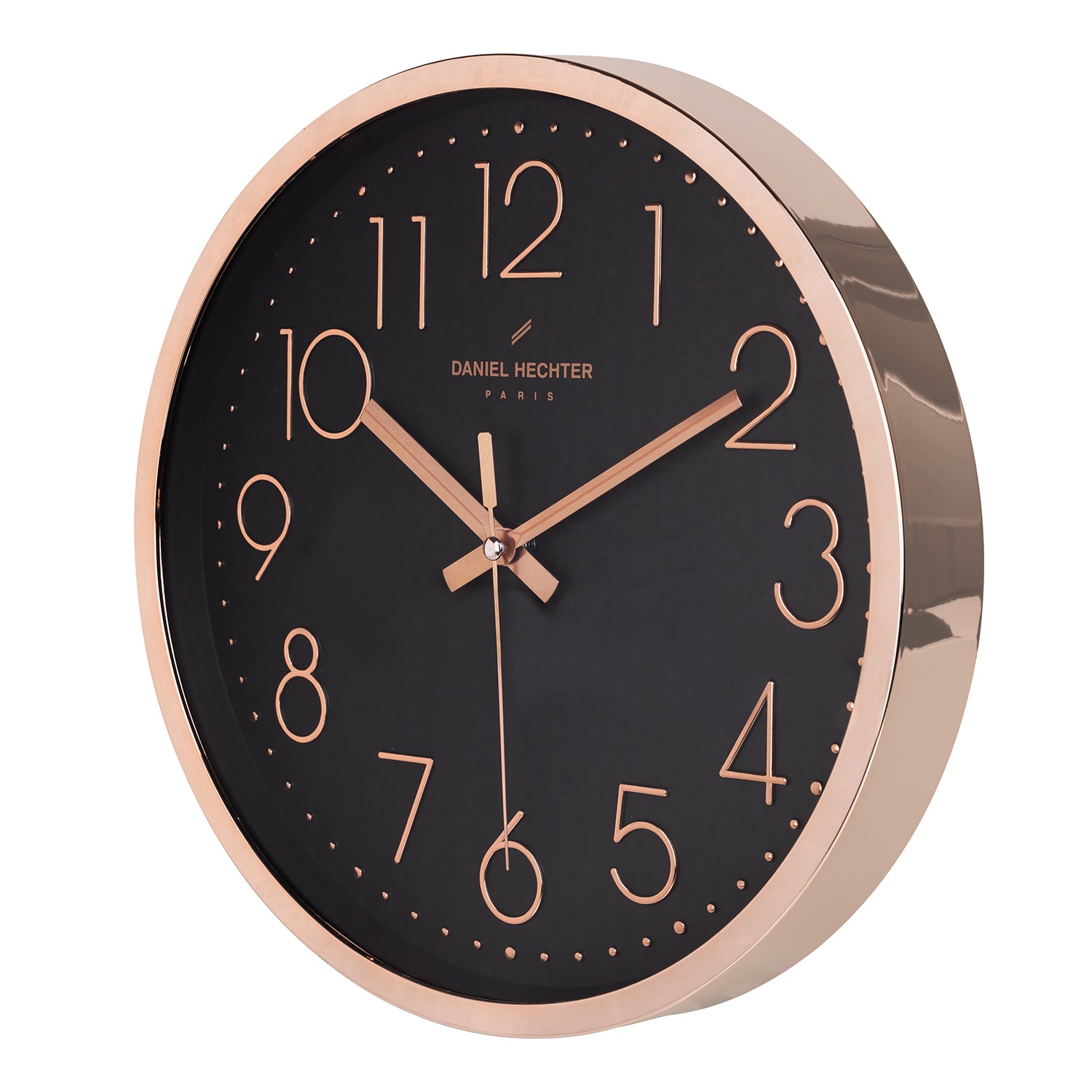 Daniel Hechter Paris Wall Clock, Silent Sweep Non-Ticking Quartz Movement, Black Dial, Rose Gold Plastic Frame, 3D Numerals, Modern Decorative Clock for Home & Office - DHCL1001-01