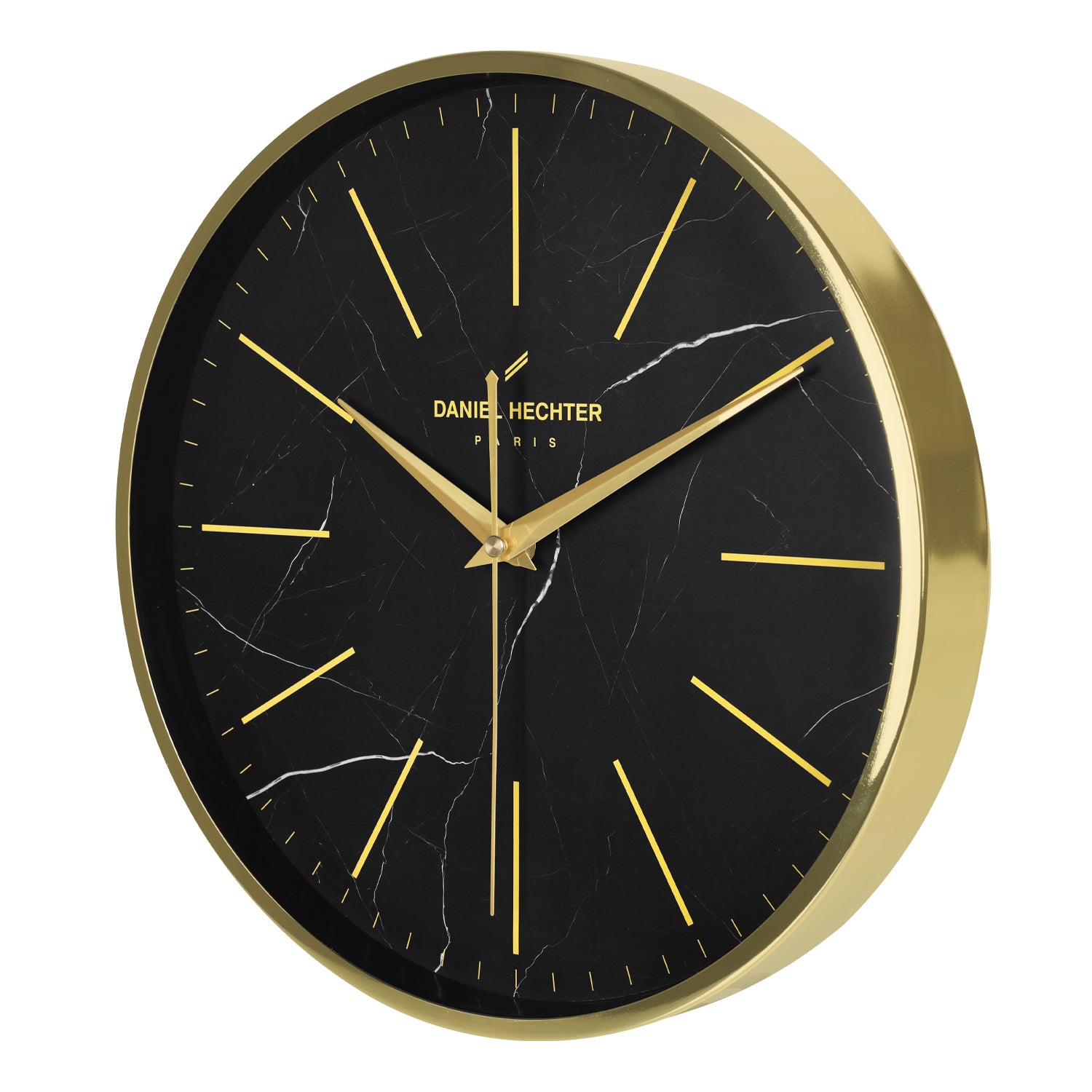 Daniel Hechter Paris Wall Clock, Silent Sweep Non-Ticking Quartz Movement, Black Marble Dial, Gold Metal Frame, Metal Hands - DHCL1001-11