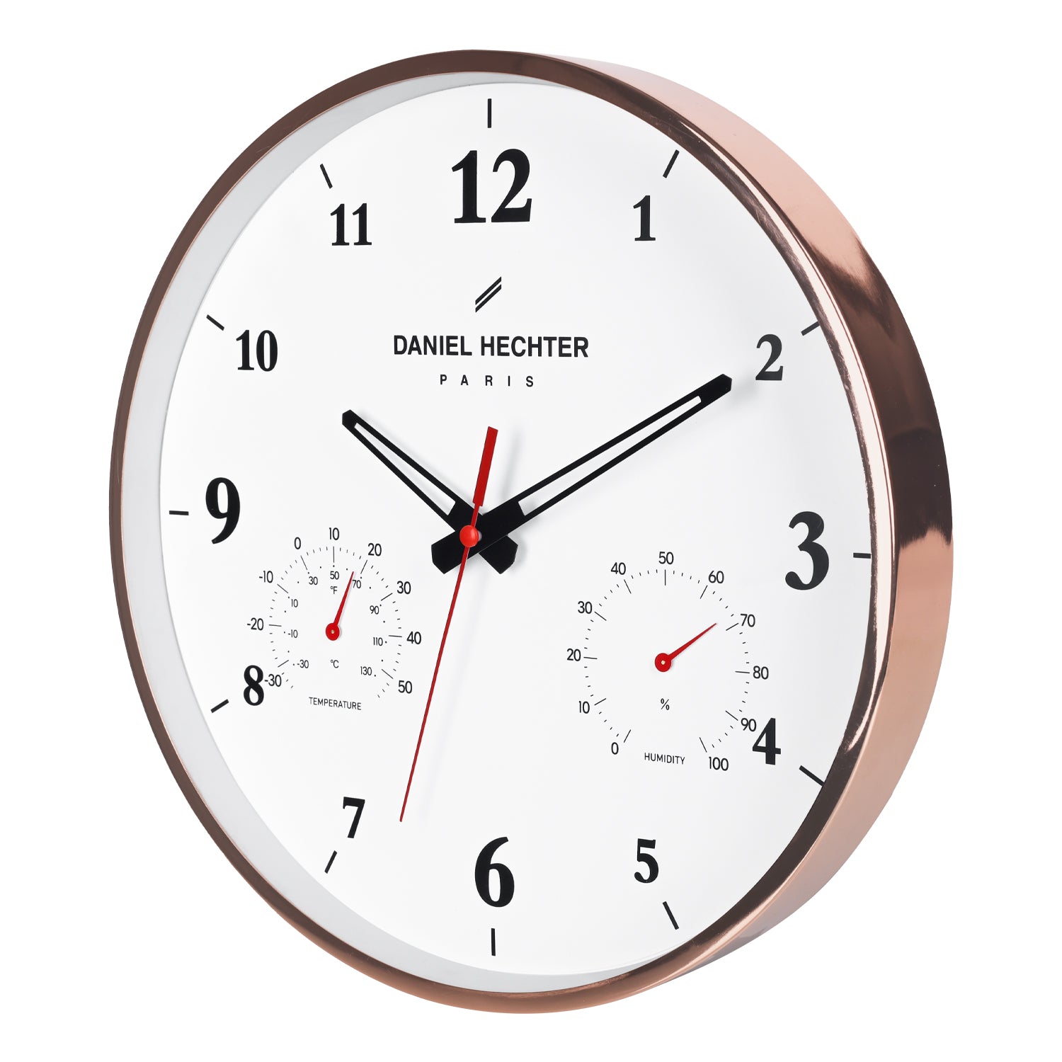 Daniel Hechter Paris Wall Clock, Silent Sweep Non-Ticking Quartz Movement, Temperature & Humidity Display, White Dial, Metal Frame - DHCL1002-22
