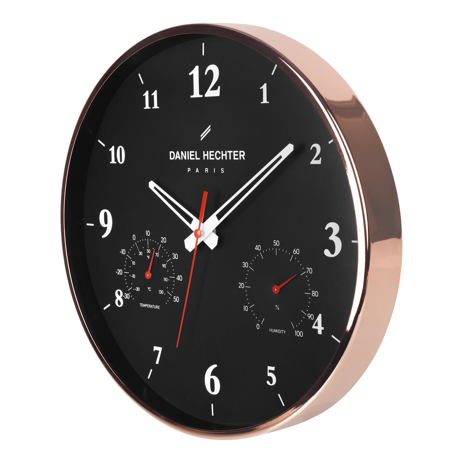 Daniel Hechter Paris Wall Clock, Silent Sweep Non-Ticking Quartz Movement, Temperature & Humidity Display, Black Dial, Metal Frame - DHCL1002-11