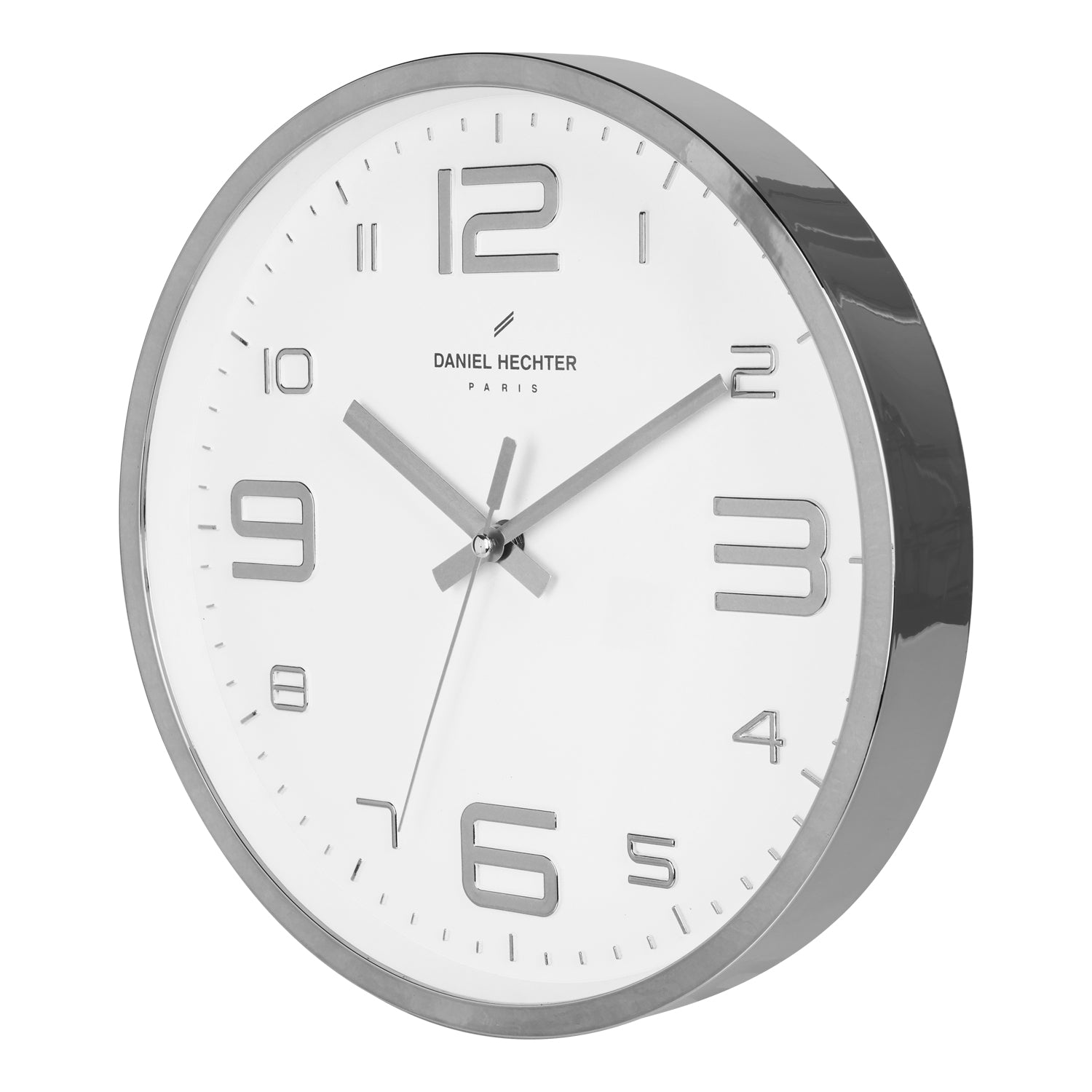 Daniel Hechter Paris Wall Clock, Silent Sweep Non-Ticking Quartz Movement, White Dial, Silver Plastic Frame, 3D Numerals - DHCL1002-03