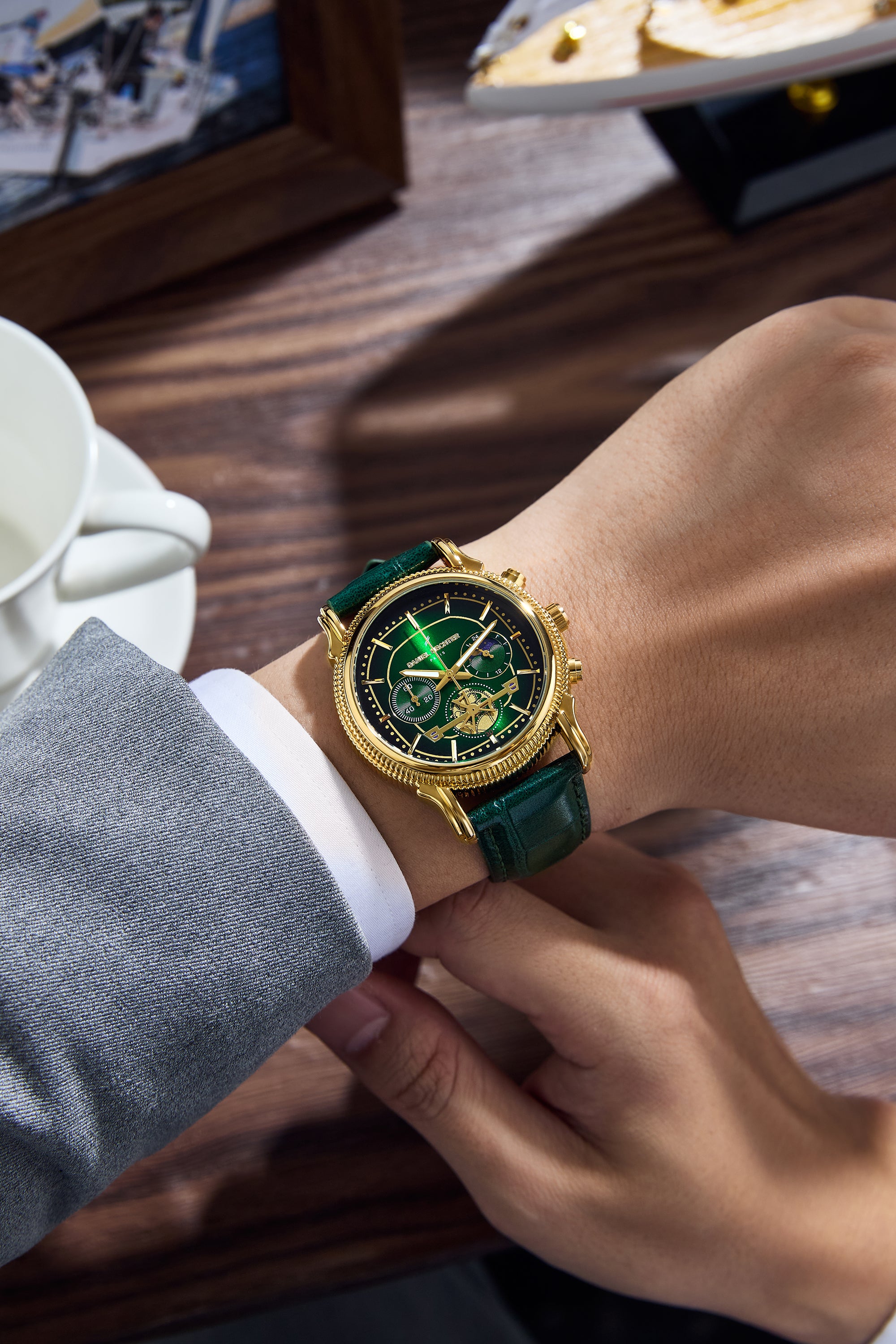 Daniel Hechter Paris Analog Quartz Watch for Men with Green Round Dial, Day/Night Indicator, Small Seconds Sub-Dials and Green Leather Strap - DHM1054-03