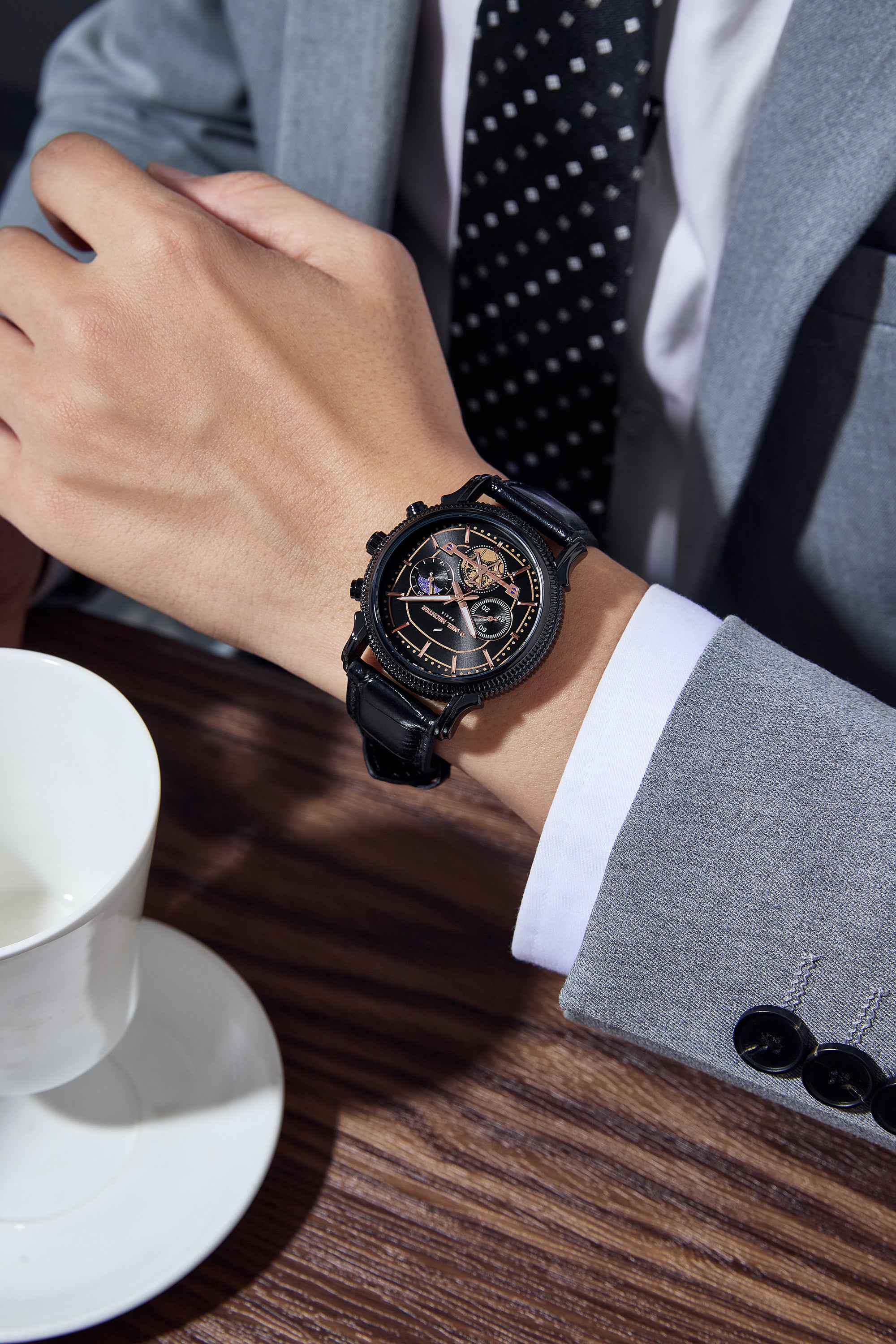 Daniel Hechter Paris Analog Quartz Watch for Men with Black Round Dial, Day/Night Indicator, Small Seconds Sub-Dials and Black Leather Strap - DHM1054-01