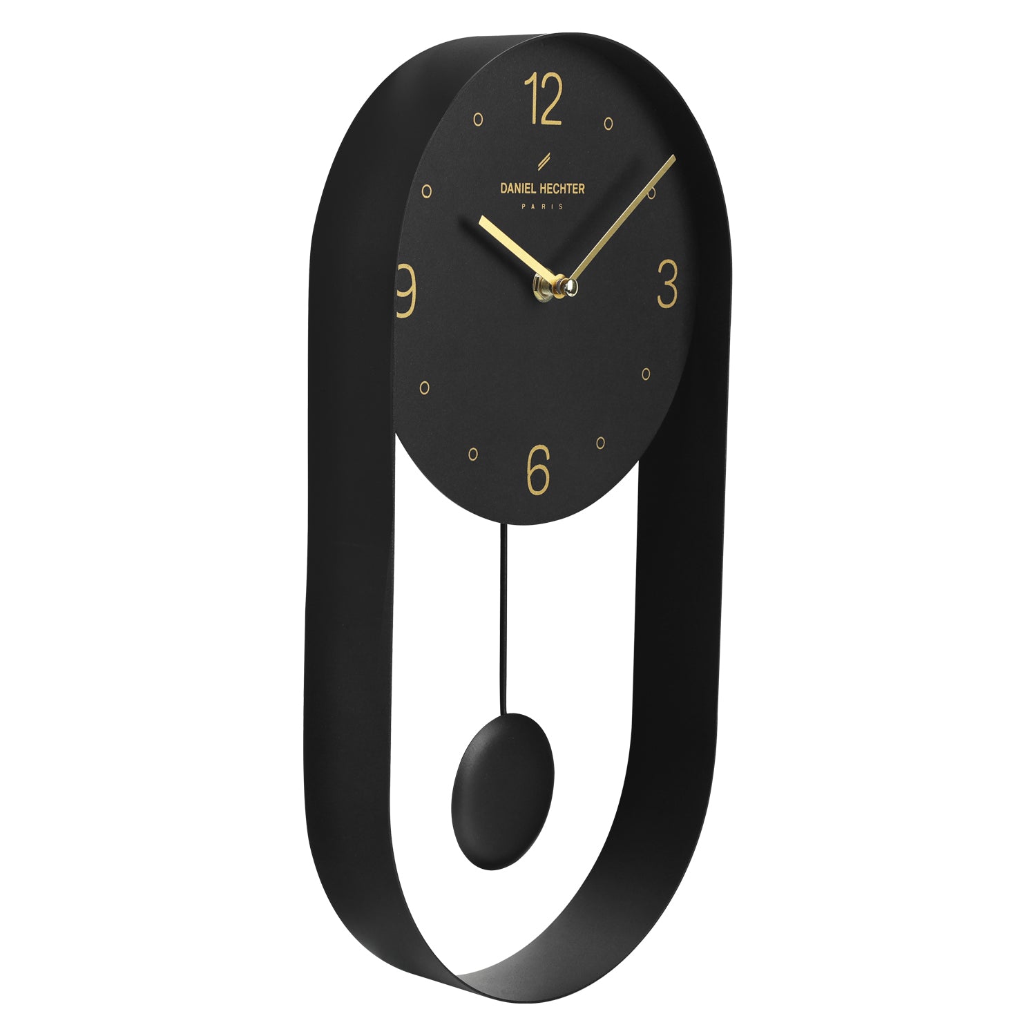 Daniel Hechter Paris Wall Clock, Silent Sweep Non-Ticking Quartz Movement, Black Dial, Oval All-Metal Frame,Metal Pendulum - DHCL1006-11