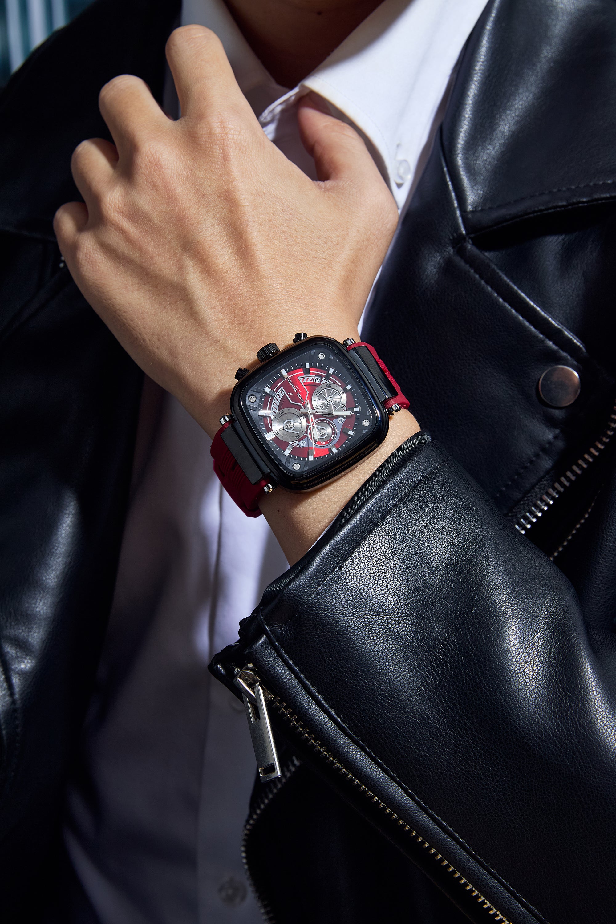 Daniel Hechter Paris Chronograph Analog Quartz Watch for Men with Black/Red Square Dial, Luminous Hands & Baton Hour Markers and Red Silicone Strap - DHM1055-04