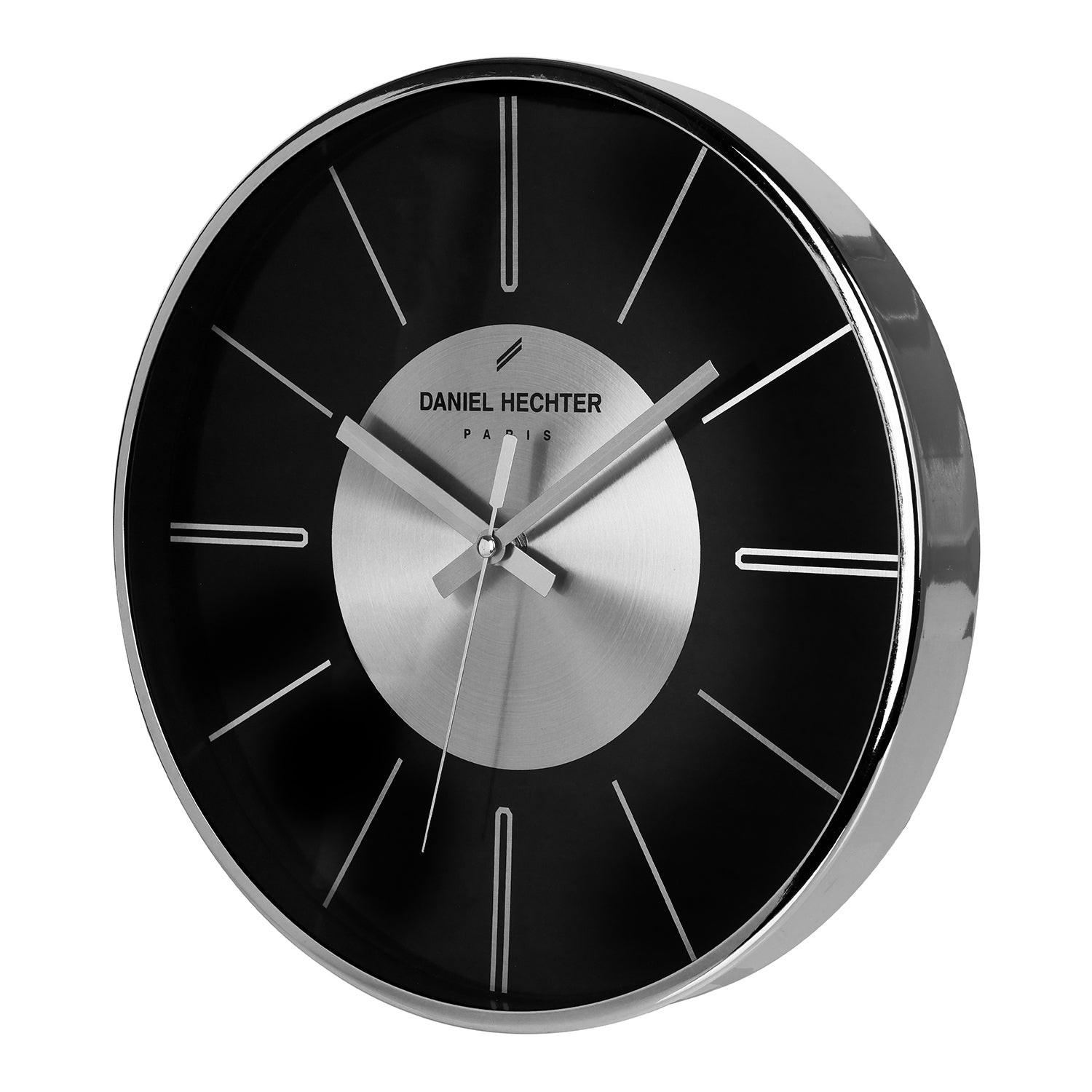 Daniel Hechter Paris Wall Clock, Silent Sweep Non-Ticking Quartz Movement, Black Dial, Silver Aluminum Face & Metal Frame - DHCL1004-33