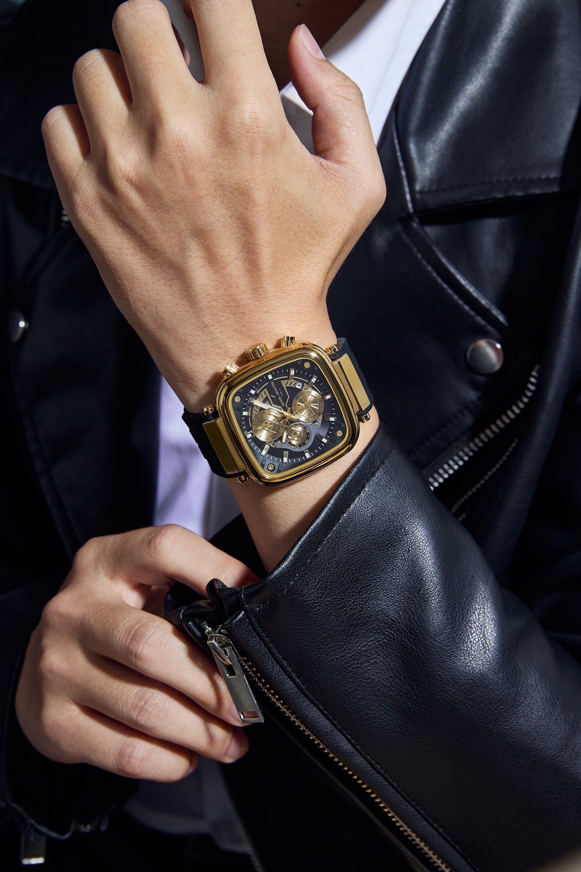 Daniel Hechter Paris Chronograph Analog Quartz Watch for Men with Black/Gold Square Dial, Luminous Hands & Baton Hour Markers and Black Silicone Strap - DHM1055-01
