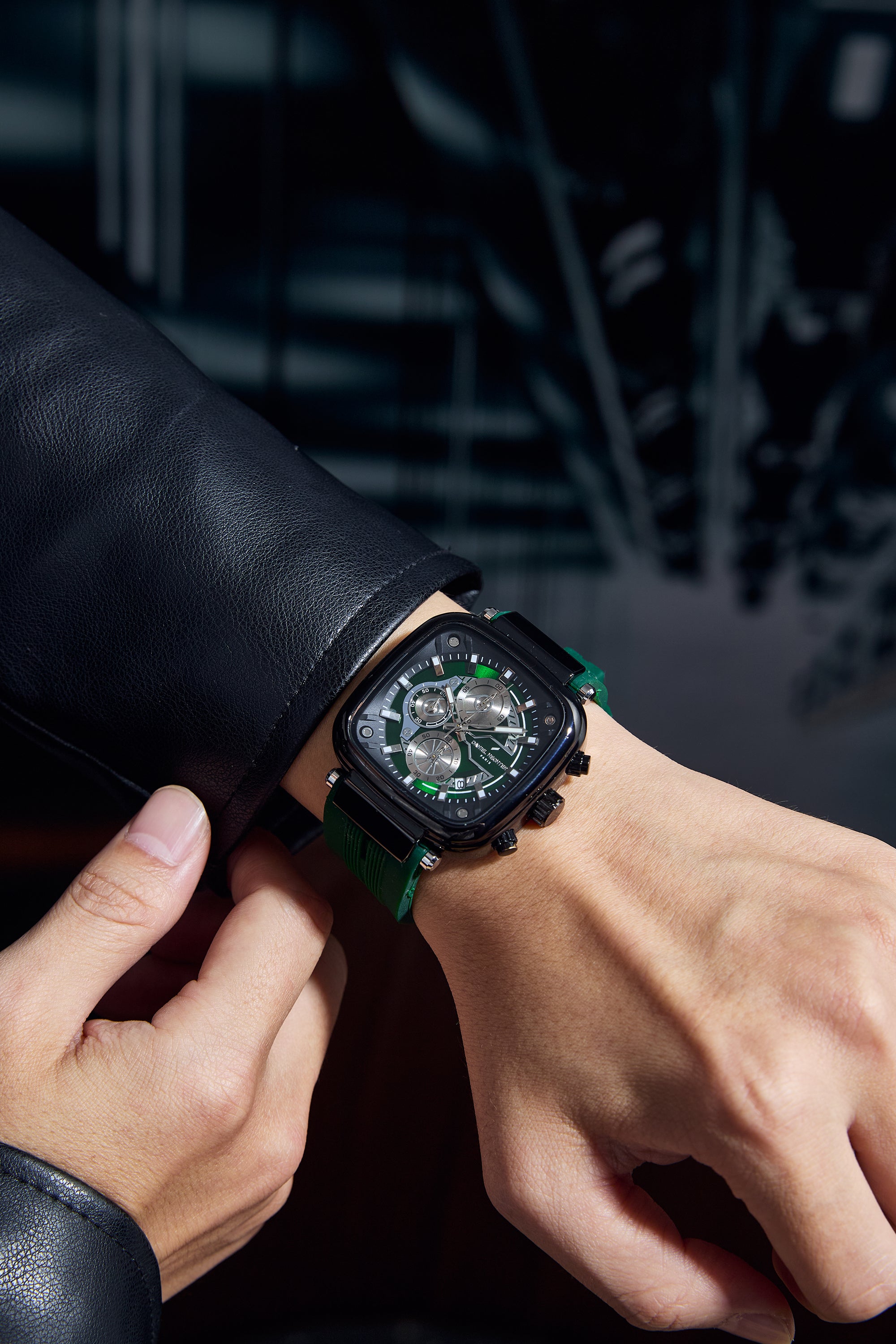 Daniel Hechter Paris Chronograph Analog Quartz Watch for Men with Black/Green Square Dial, Luminous Hands & Baton Hour Markers and Green Silicone Strap - DHM1055-03