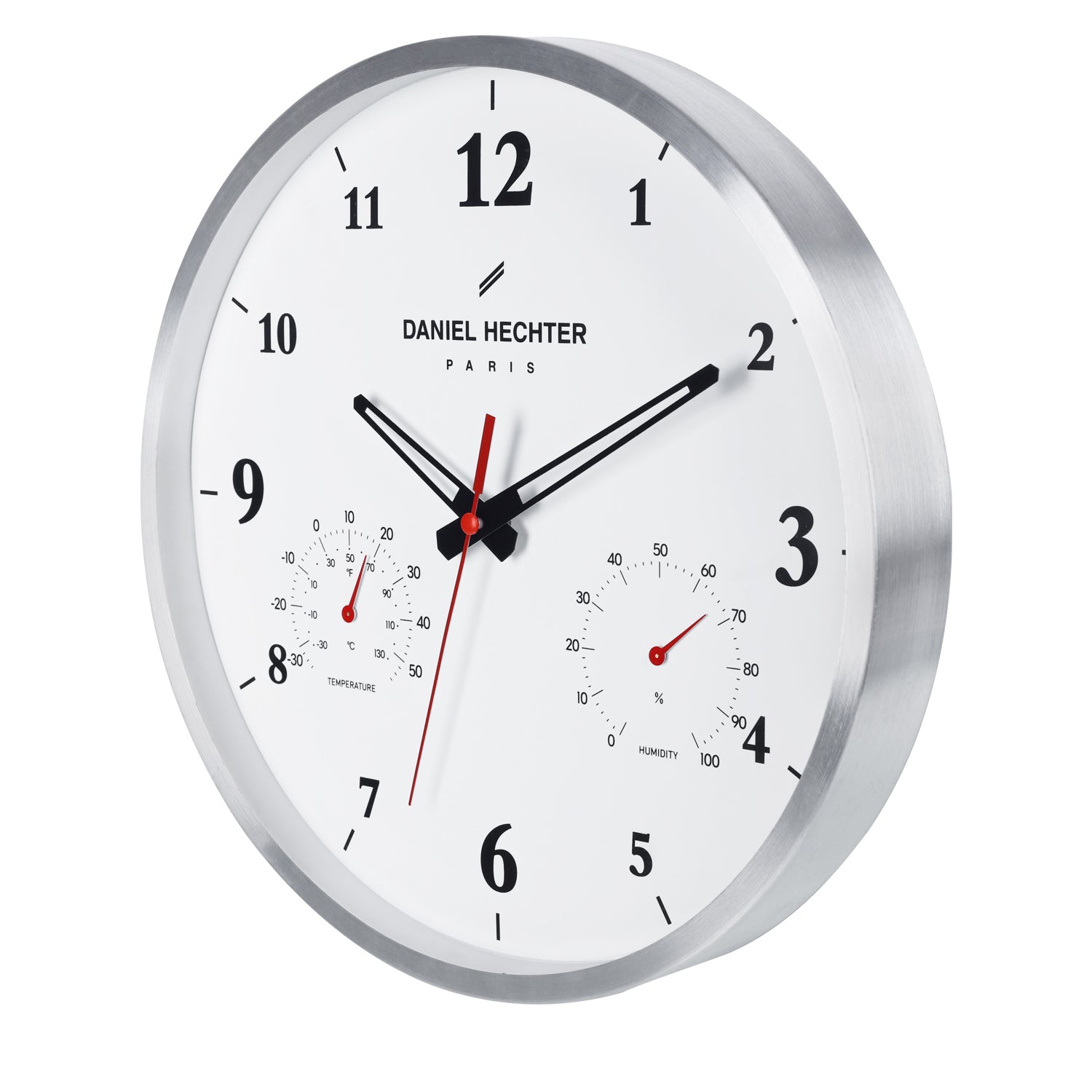 Daniel Hechter Paris Wall Clock, Silent Sweep Non-Ticking Quartz Movement, Temperature & Humidity Display, White Dial, Metal Frame - DHCL1002-33