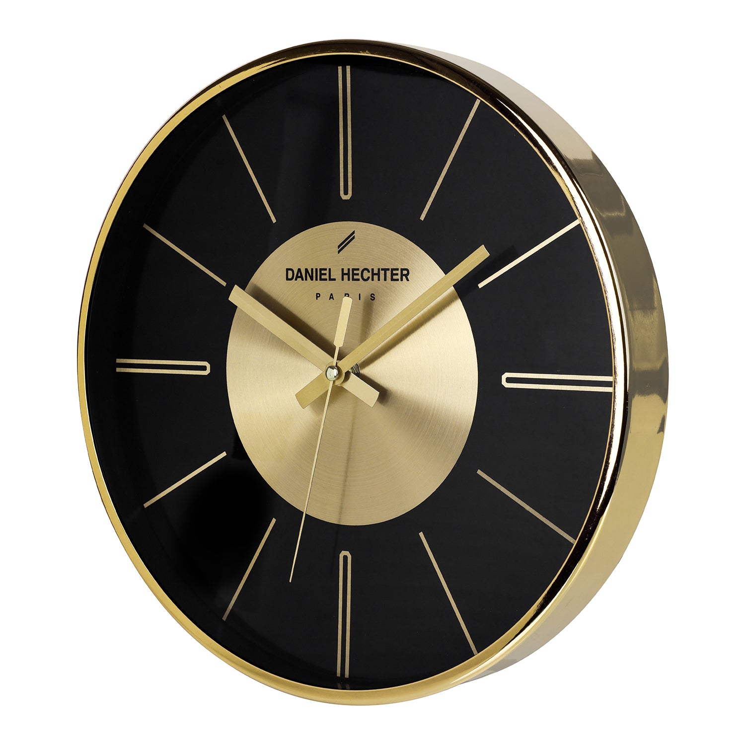 Daniel Hechter Paris Wall Clock, Silent Sweep Non-Ticking Quartz Movement, Black Dial, Gold Aluminum Face & Metal Frame - DHCL1004-22