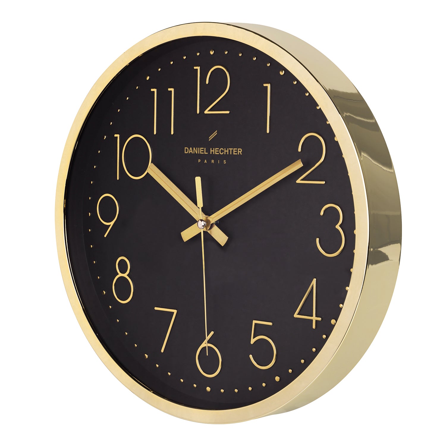 Daniel Hechter Paris Wall Clock, Silent Sweep Non-Ticking Quartz Movement, Black Dial, Gold Plastic Frame, 3D Numerals - DHCL1001-02