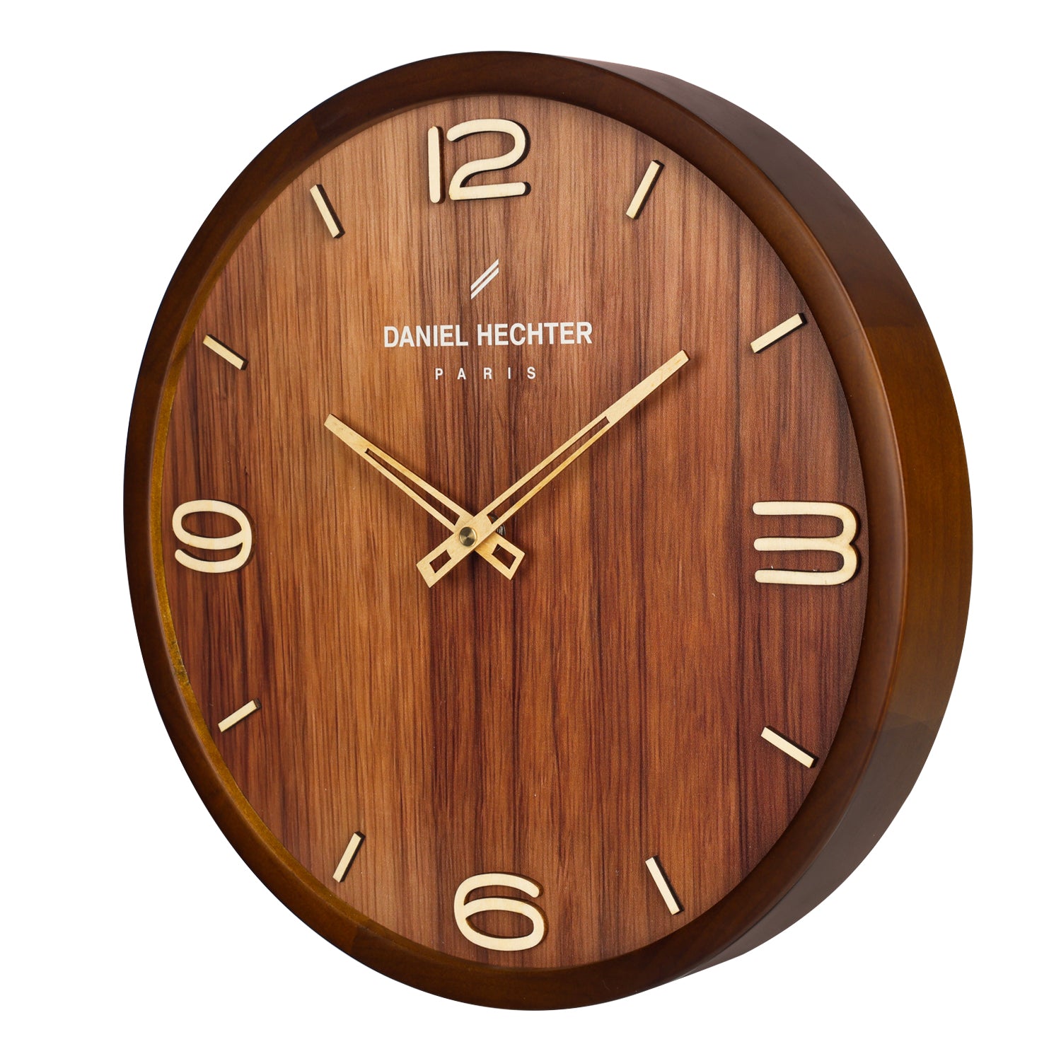 Daniel Hechter Paris Wall Clock, Silent Sweep Non-Ticking Quartz Movement,Wood-Grain Dial, Brown Wooden Frame - DHCL1005-11