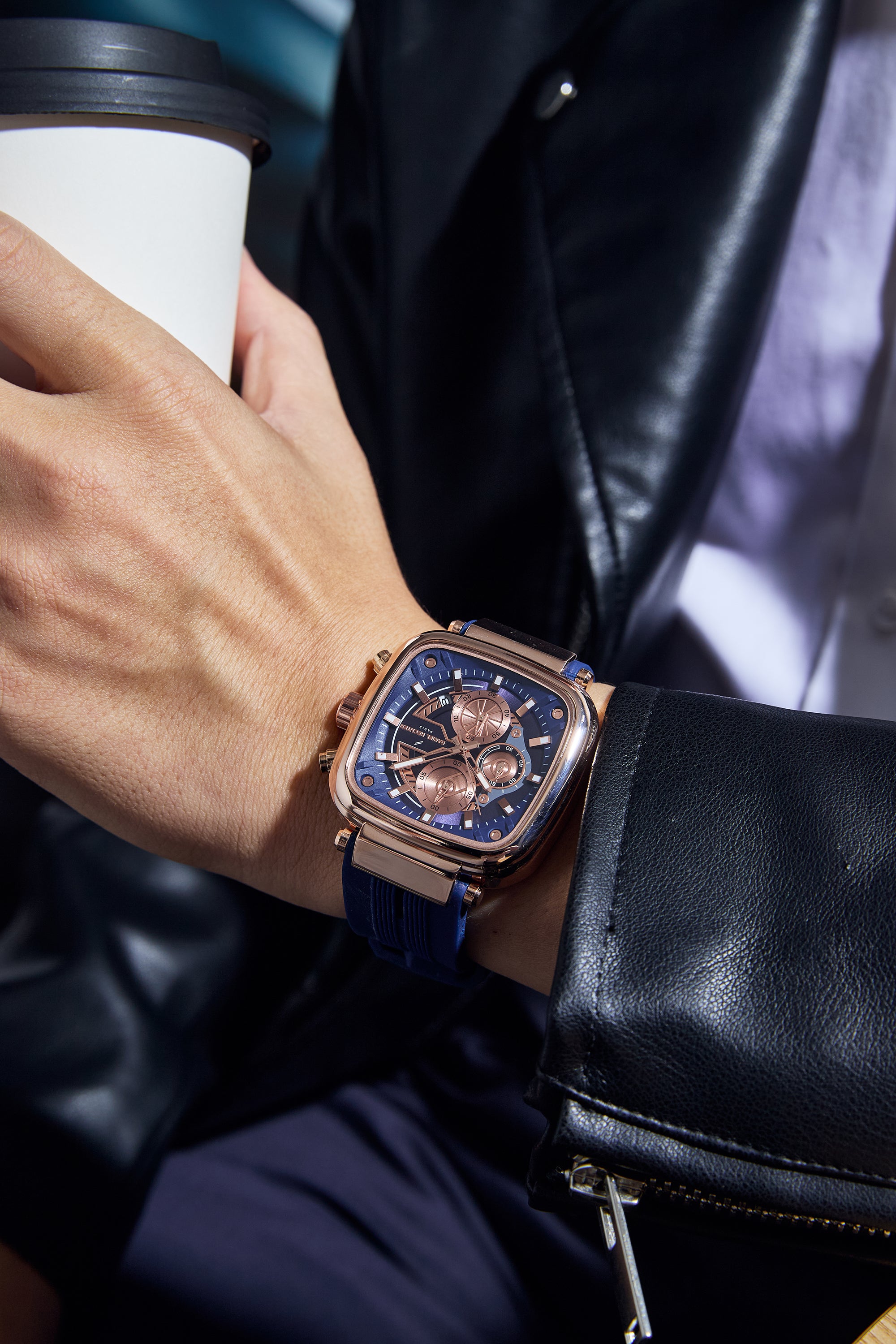 Daniel Hechter Paris Chronograph Analog Quartz Watch for Men with Blue/RoseGold Square Dial, Luminous Hands & Baton Hour Markers and Blue Silicone Strap - DHM1055-05