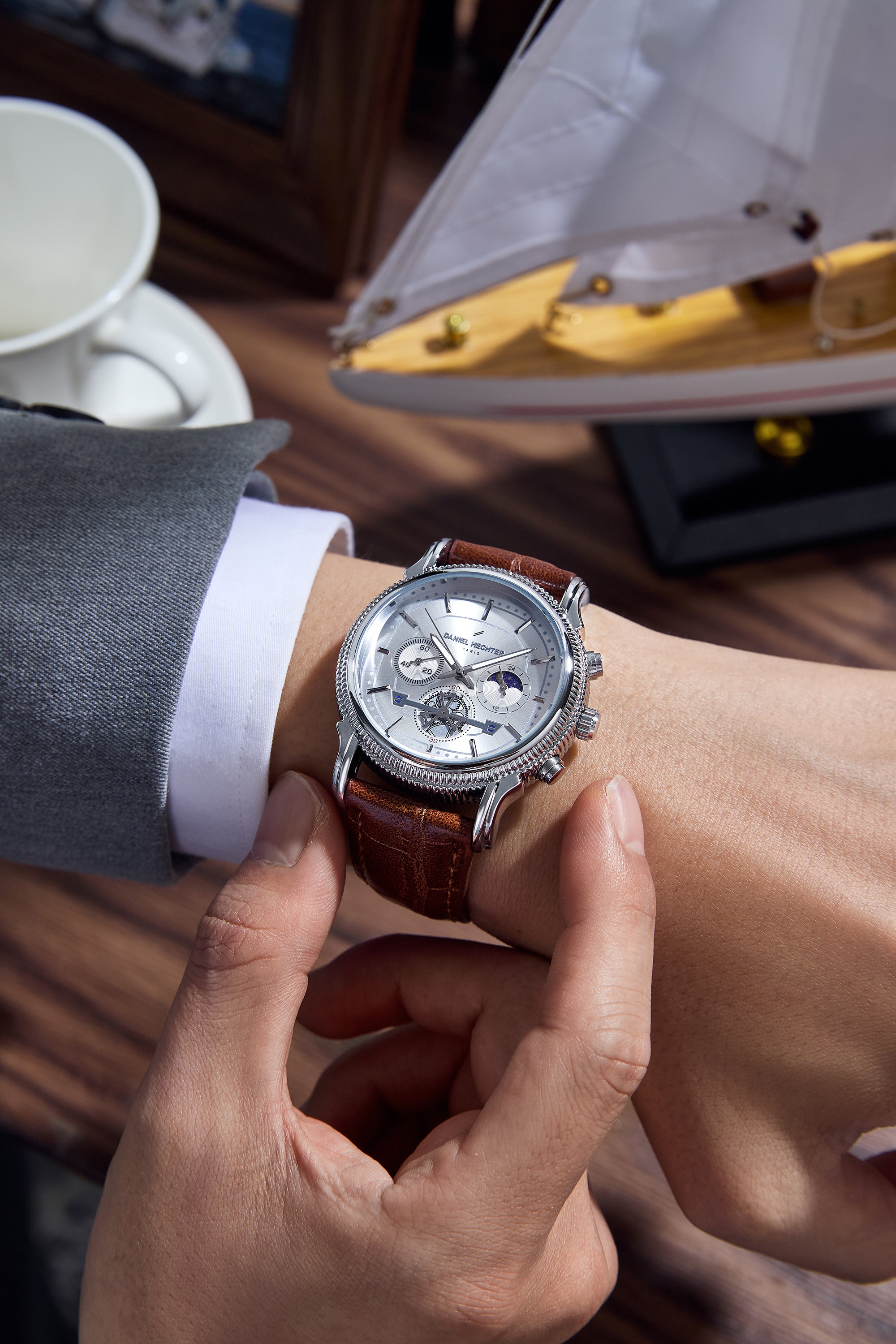 Daniel Hechter Paris Analog Quartz Watch for Men with Silver Round Dial, Day/Night Indicator, Small Seconds Sub-Dials and Brown Leather Strap - DHM1054-04