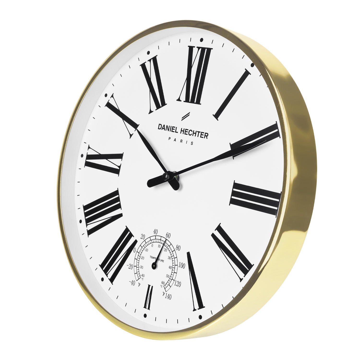 Daniel Hechter Paris Wall Clock, Silent Sweep Non-Ticking Quartz Movement, Temperature Display, White Dial, Gold Metal Frame - DHCL1003-22