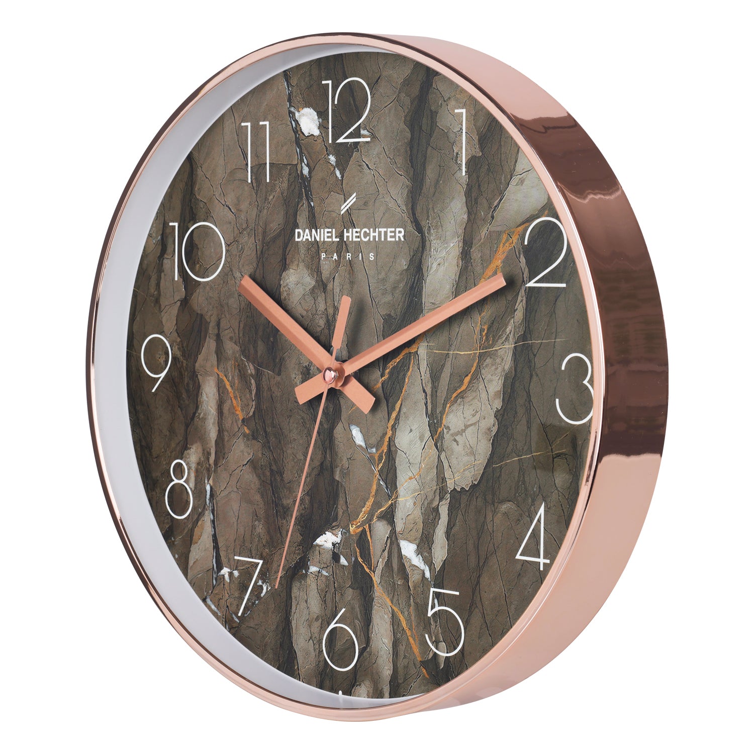 Daniel Hechter Paris Wall Clock, Silent Sweep Non-Ticking Quartz Movement,  Brown Marble Dial, Rose Gold Plastic Frame - DHCL1003-02