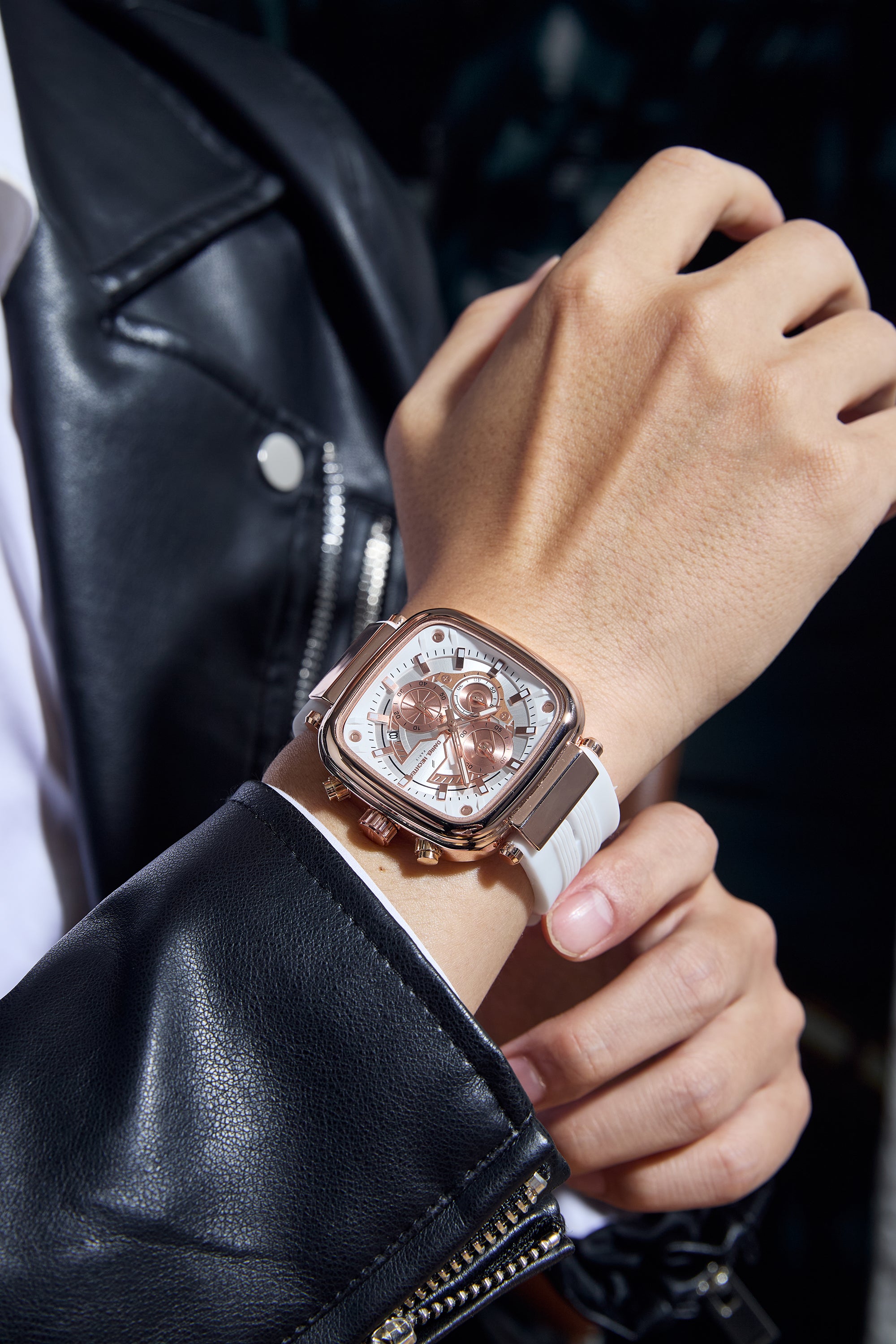 Daniel Hechter Paris Chronograph Analog Quartz Watch for Men with White/RoseGold Square Dial, Luminous Hands & Baton Hour Markers and White Silicone Strap - DHM1055-02