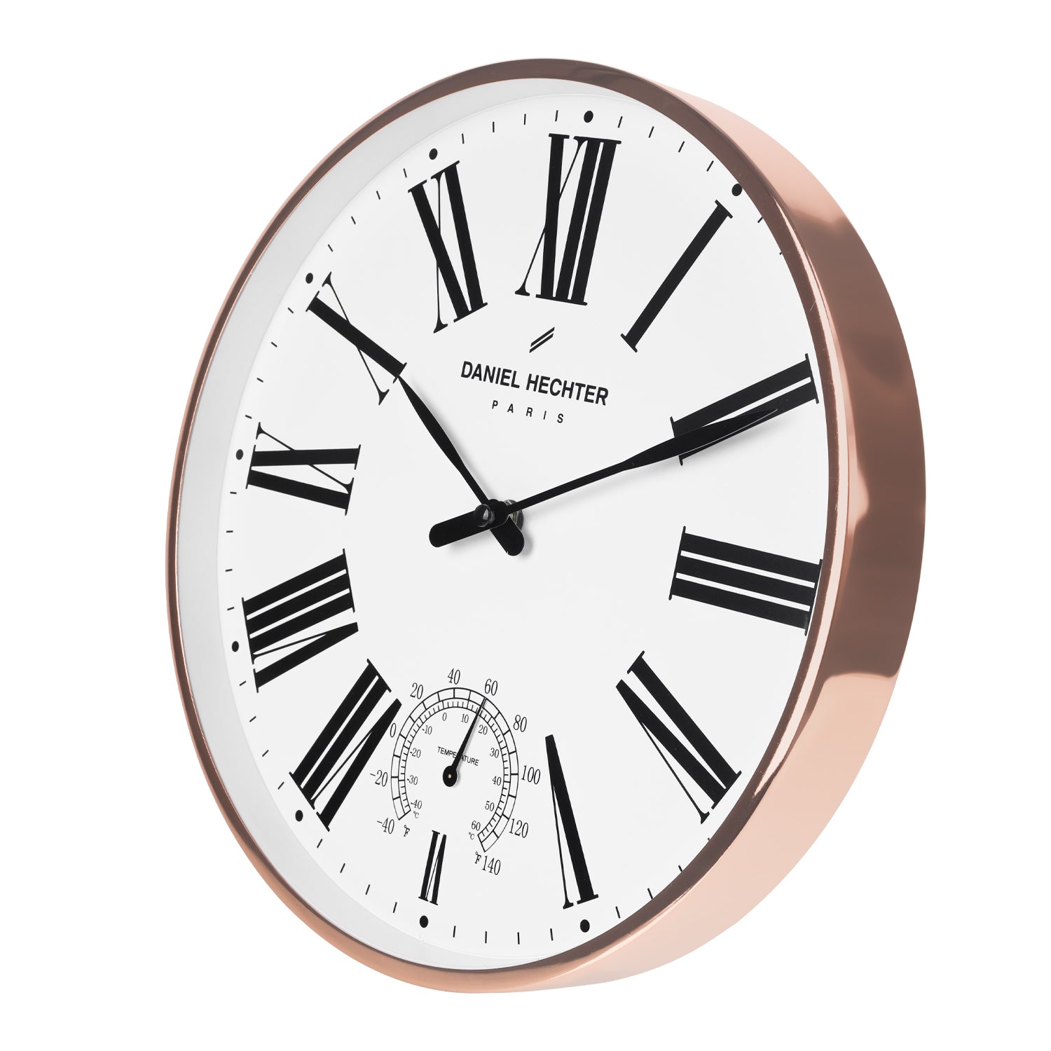 Daniel Hechter Paris Wall Clock, Silent Sweep Non-Ticking Quartz Movement, Temperature Display, White Dial, Rose Gold Metal Frame - DHCL1003-11