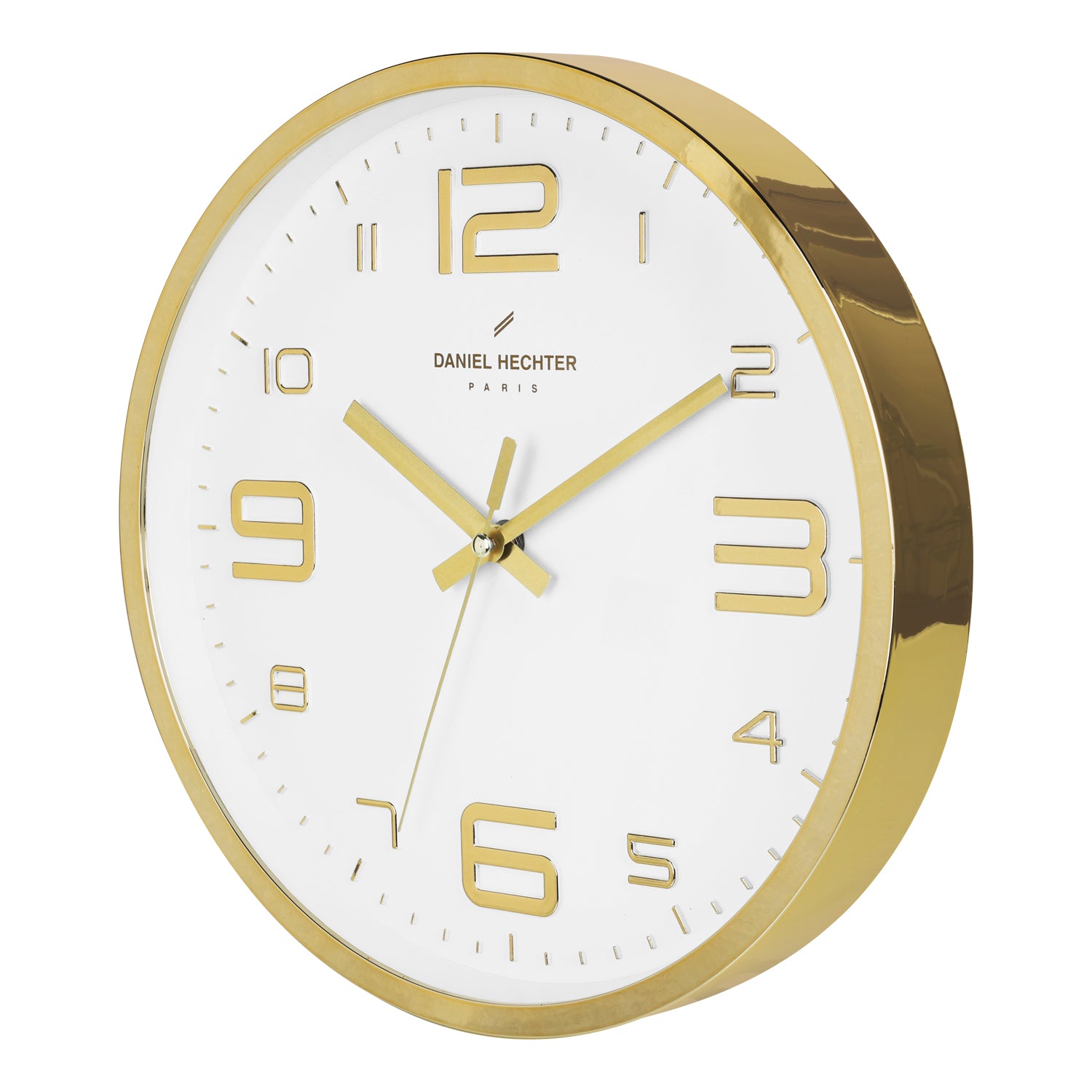 Daniel Hechter Paris Wall Clock, Silent Sweep Non-Ticking Quartz Movement, White Dial, Gold Plastic Frame, 3D Numerals - DHCL1002-02