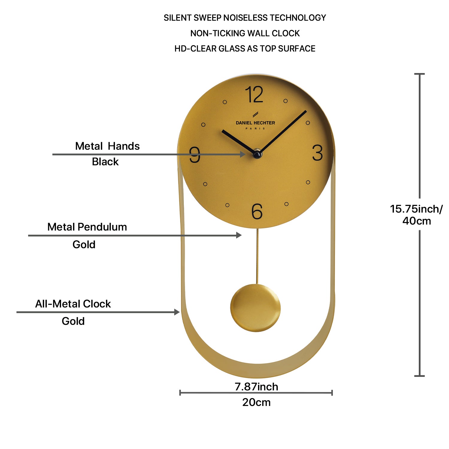 Daniel Hechter Paris Wall Clock, Silent Sweep Non-Ticking Quartz Movement, Oval All-Metal Frame,Metal Pendulum - DHCL1006-22