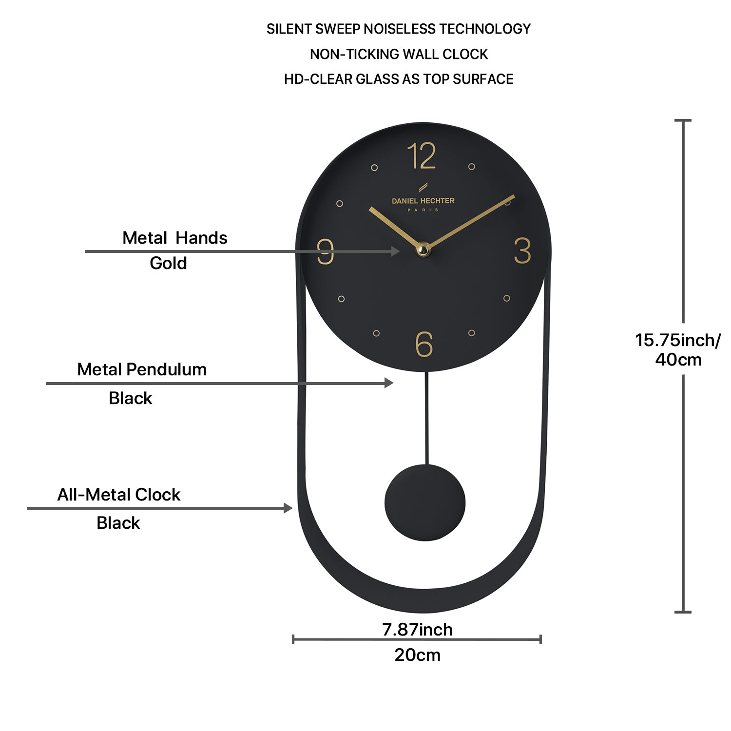 Daniel Hechter Paris Wall Clock, Silent Sweep Non-Ticking Quartz Movement, Black Dial, Oval All-Metal Frame,Metal Pendulum - DHCL1006-11