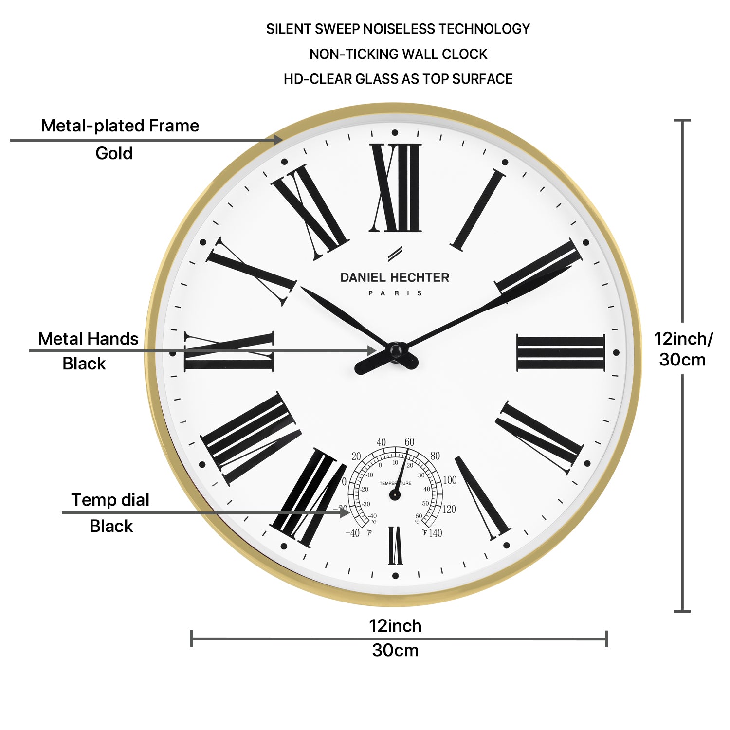 Daniel Hechter Paris Wall Clock, Silent Sweep Non-Ticking Quartz Movement, Temperature Display, White Dial, Gold Metal Frame - DHCL1003-22